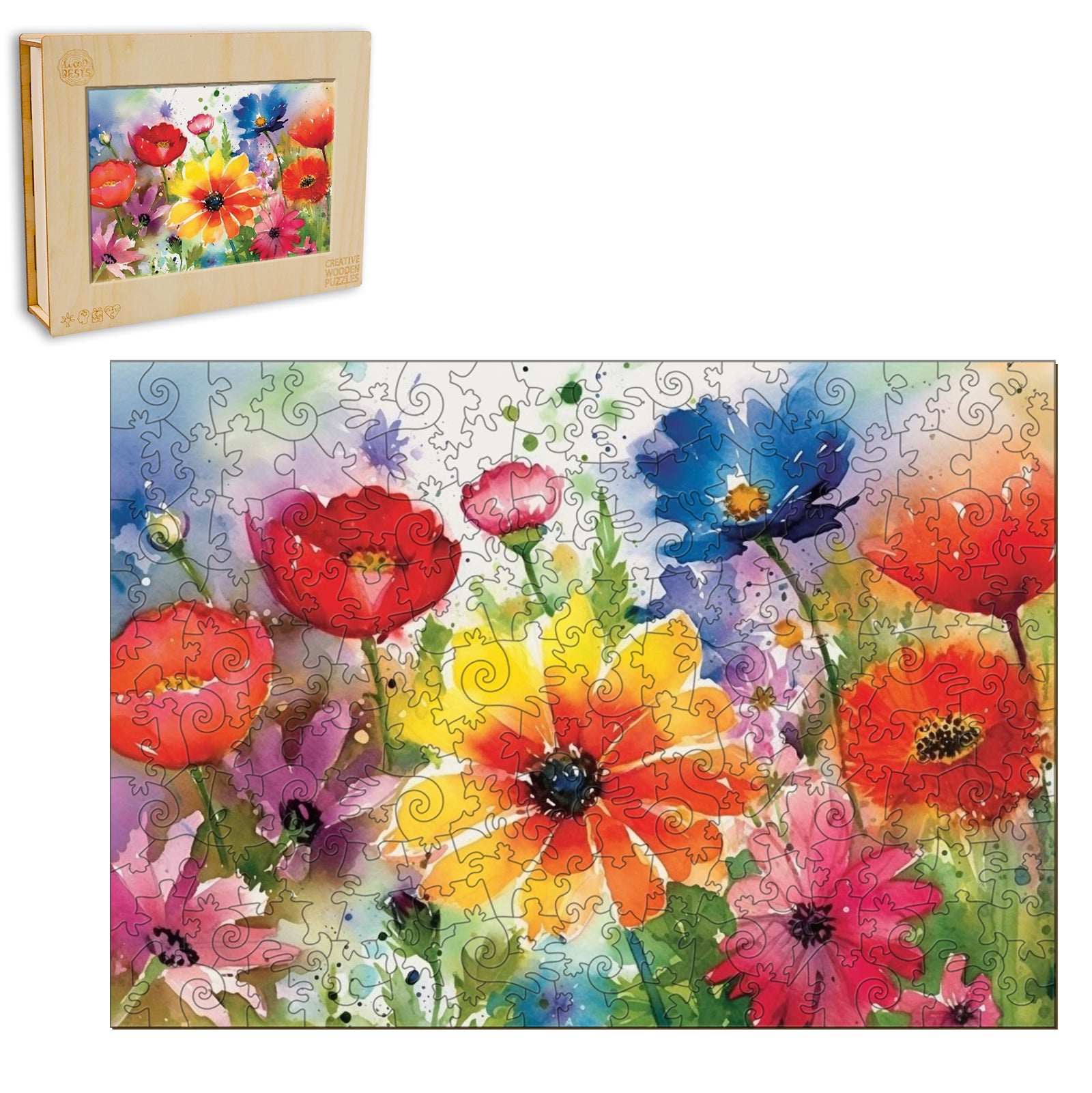 Watercolor Wildflowers Wooden Jigsaw Puzzle