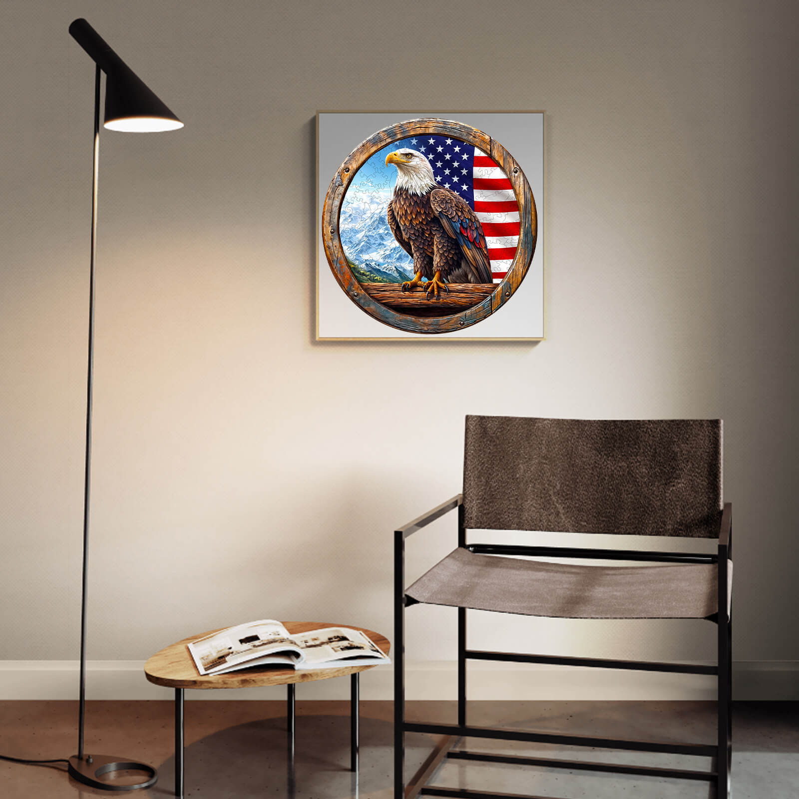 3D Bald Eagle puzzle art featuring an eagle with the American flag in a modern gallery setting.