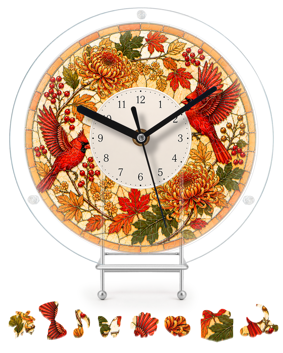 DIY Acrylpuzzle-Uhr Bausatz - Herbst Kardinäle Laub