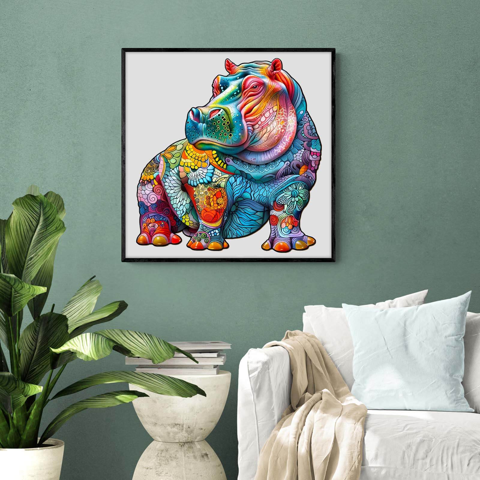Colorful hippopotamus artwork displayed in a bright living room with plants and cozy cushions.