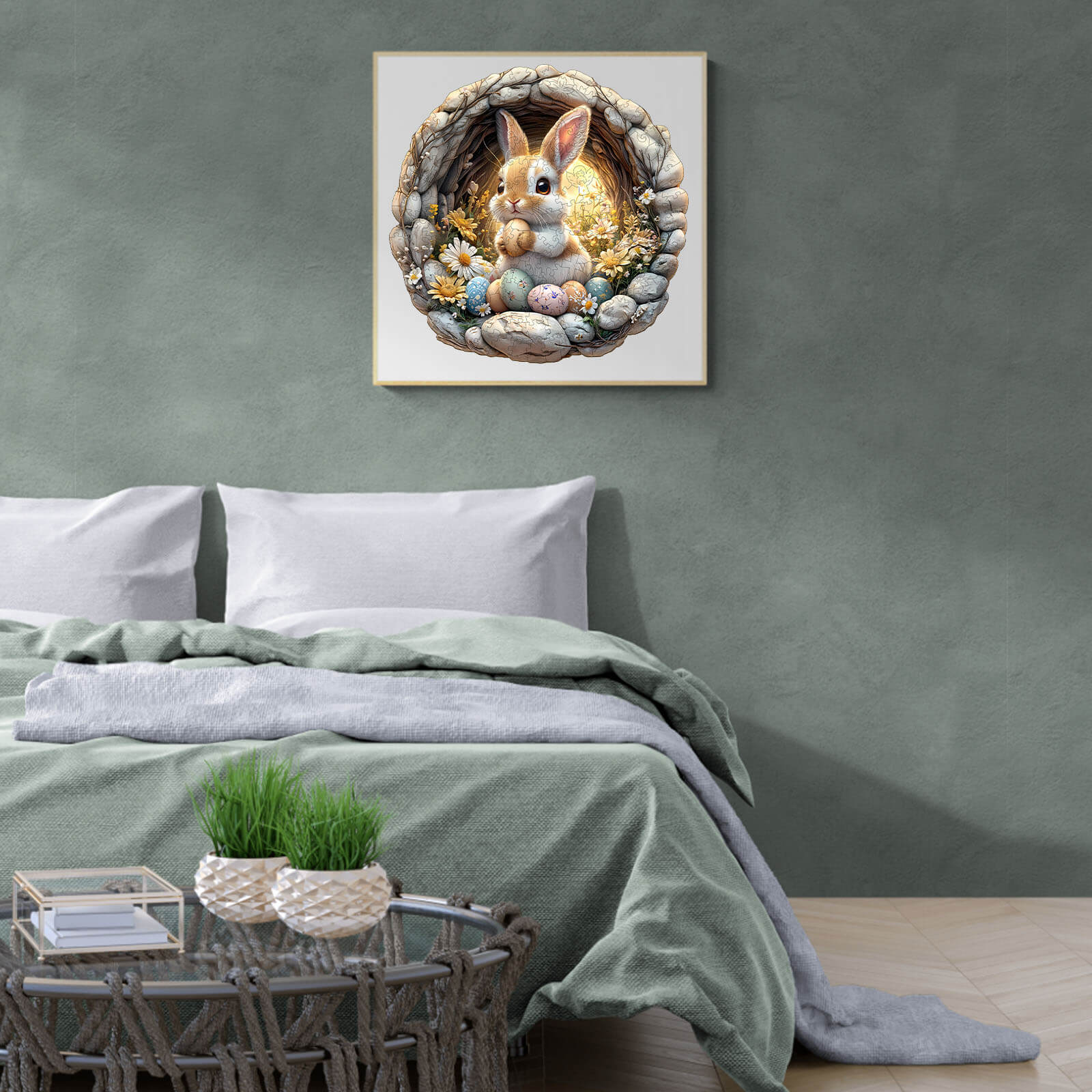 3D Cave Easter Bunny jigsaw puzzle art displayed in a cozy bedroom, enhancing the decor with spring-themed design.