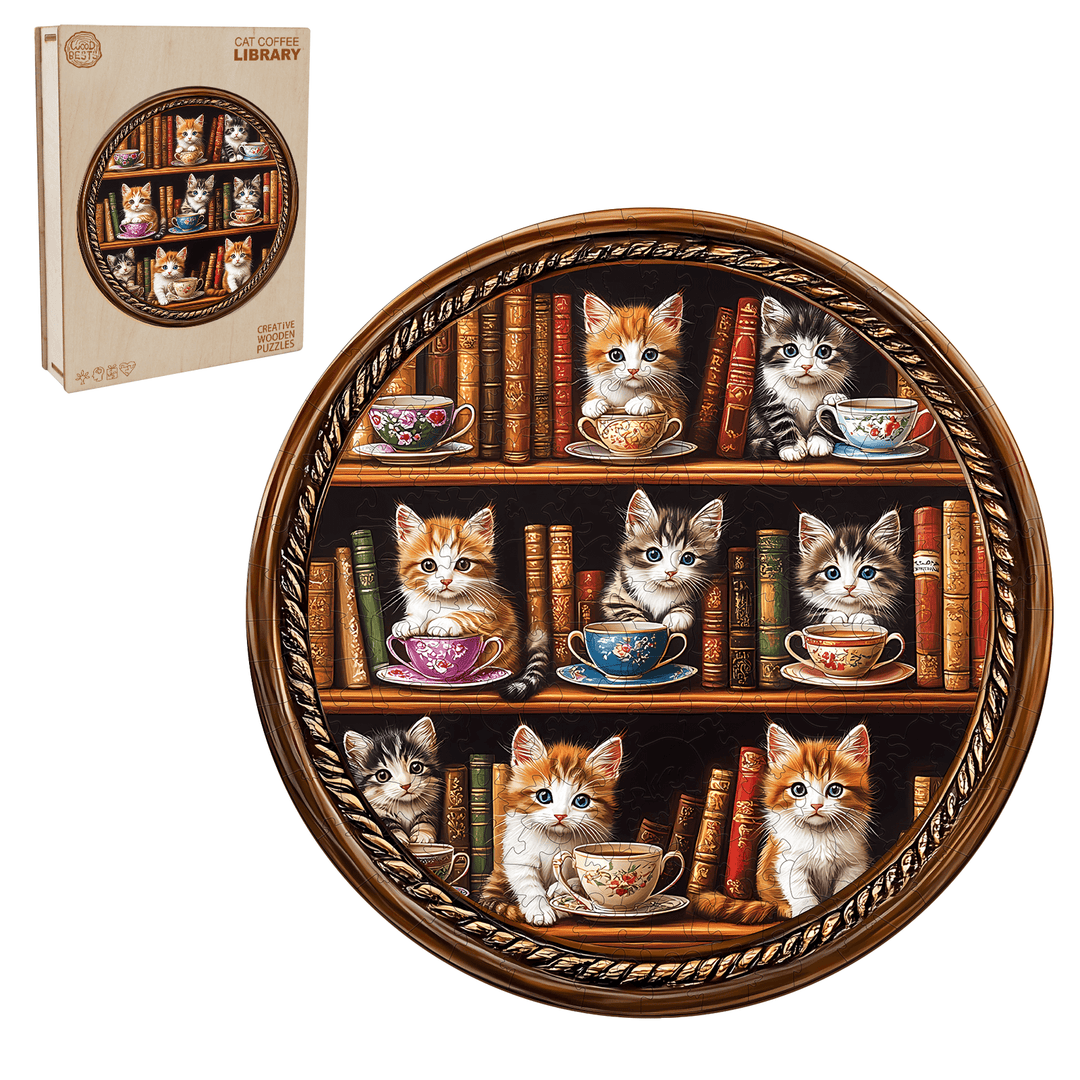 Cat Coffee Library Wooden Jigsaw Puzzle