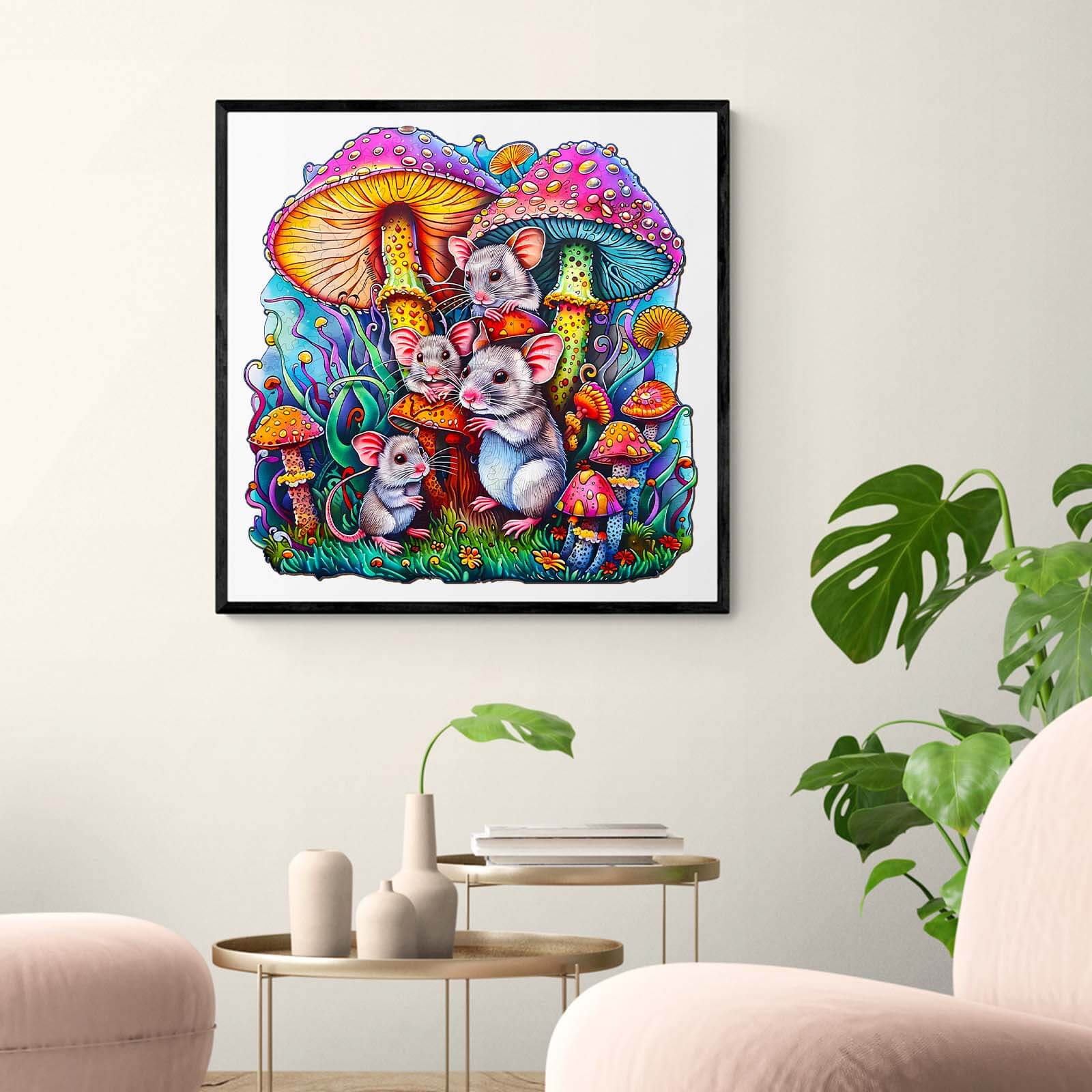 Colorful Mouse Family Wooden Jigsaw Puzzle artwork featuring whimsical mice around vibrant mushrooms.