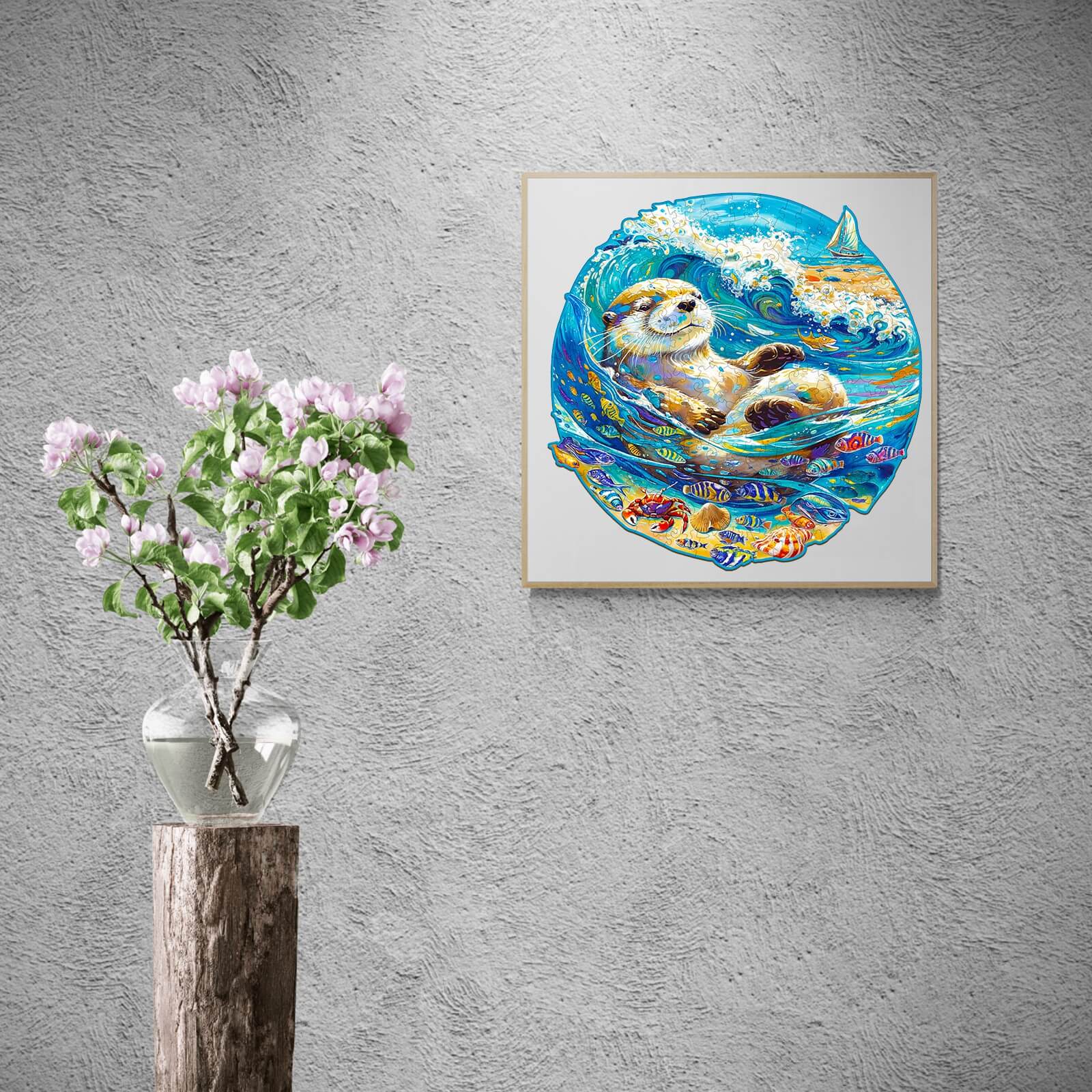 Leisurely Otter jigsaw puzzle art displayed on a wall, surrounded by a decorative vase and flowers.