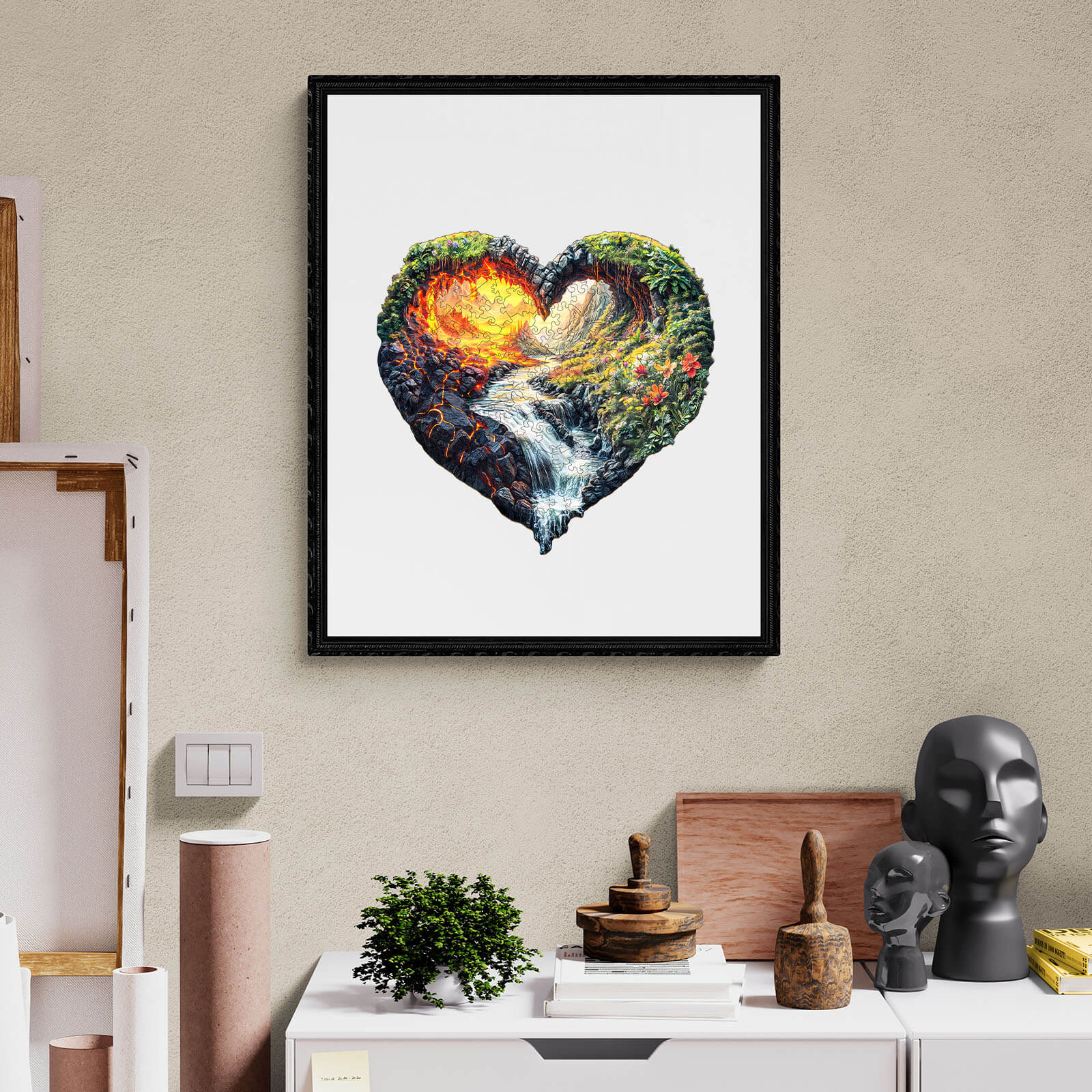 ETERNAL FLOW wooden jigsaw puzzle in heart shape, showcasing nature's beauty and intricate design.