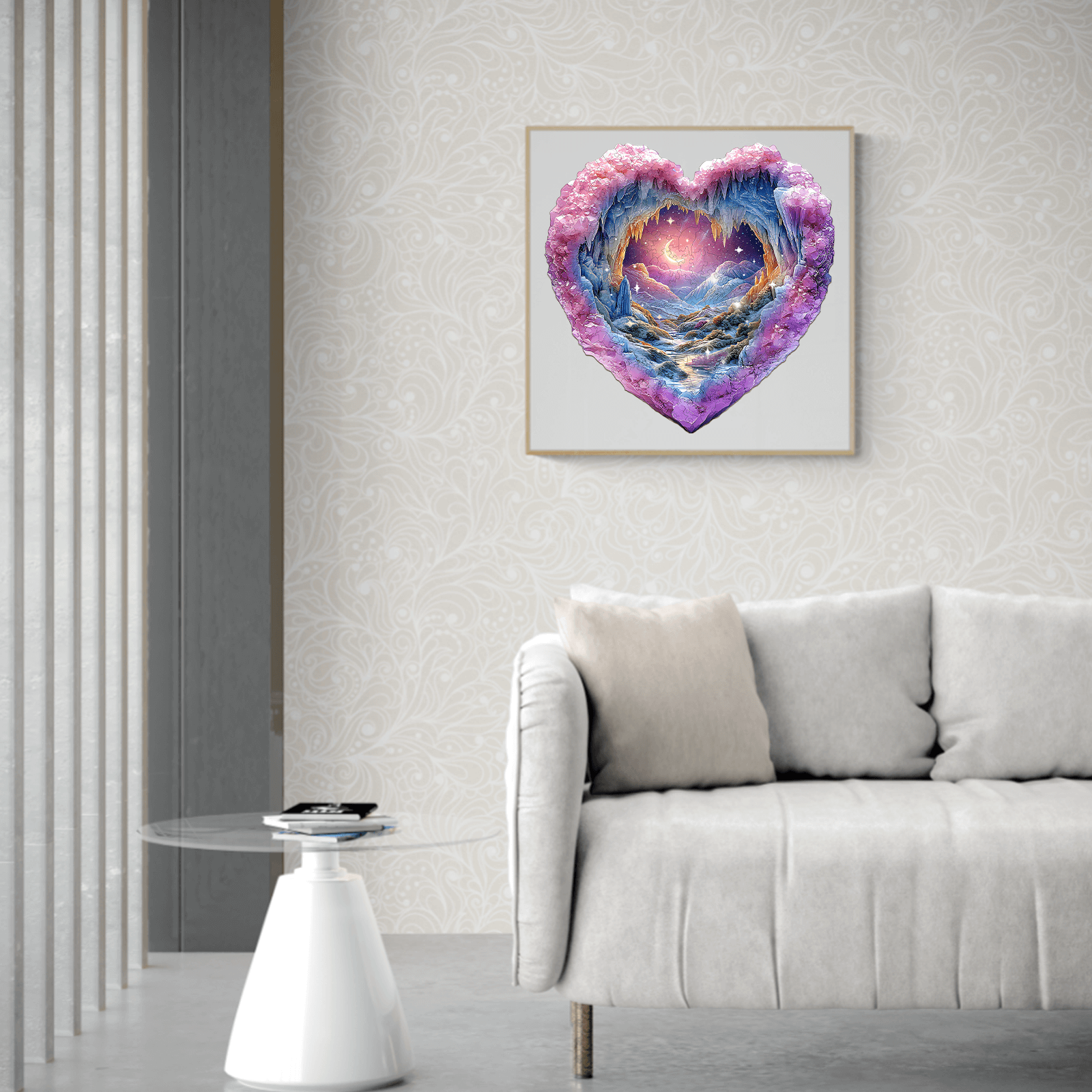 Heart-shaped artwork depicting a cosmic scene, enhancing home décor with a romantic and dreamy vibe.