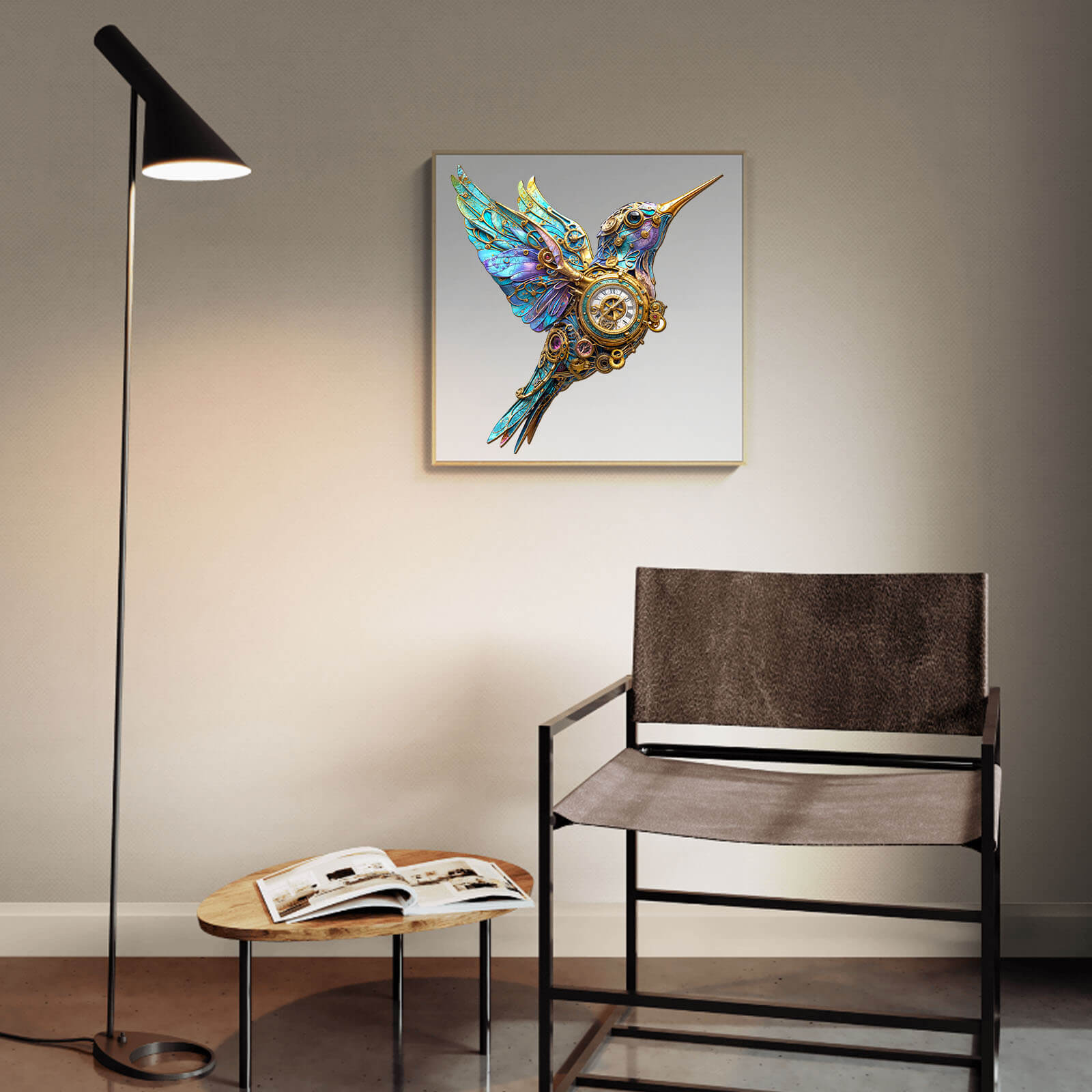 3D Mechanical Hummingbird wooden jigsaw puzzle displayed in a modern living space with chair and lamp.