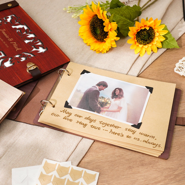 Wooden Photo Album with Carved Flowers and Engraved Names