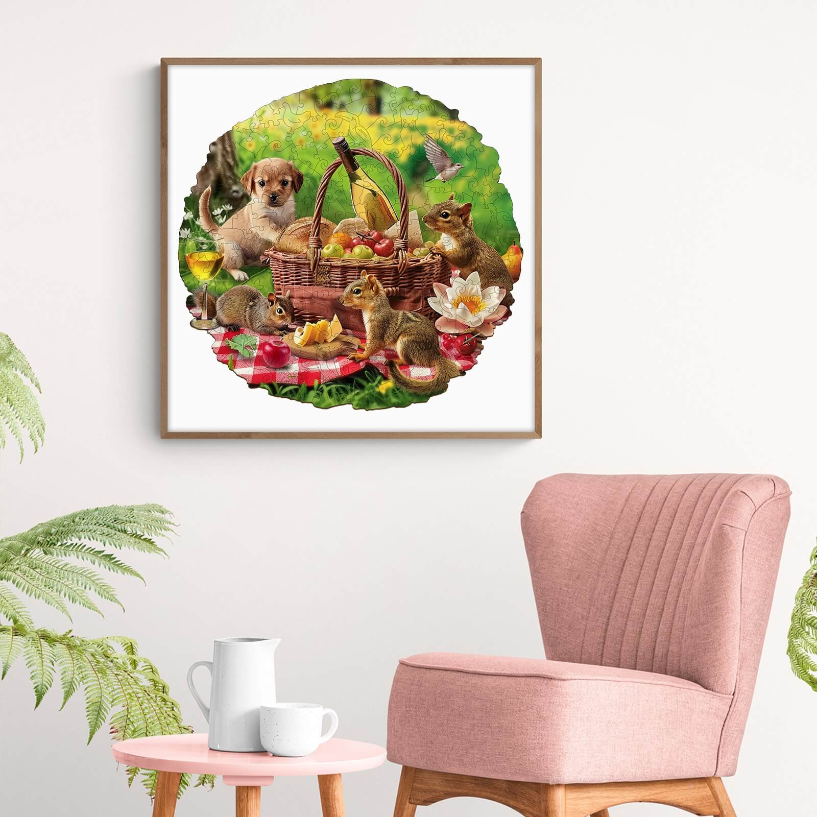 Wooden jigsaw puzzle featuring animals at a picnic, great for enhancing focus and intelligence through fun puzzles.