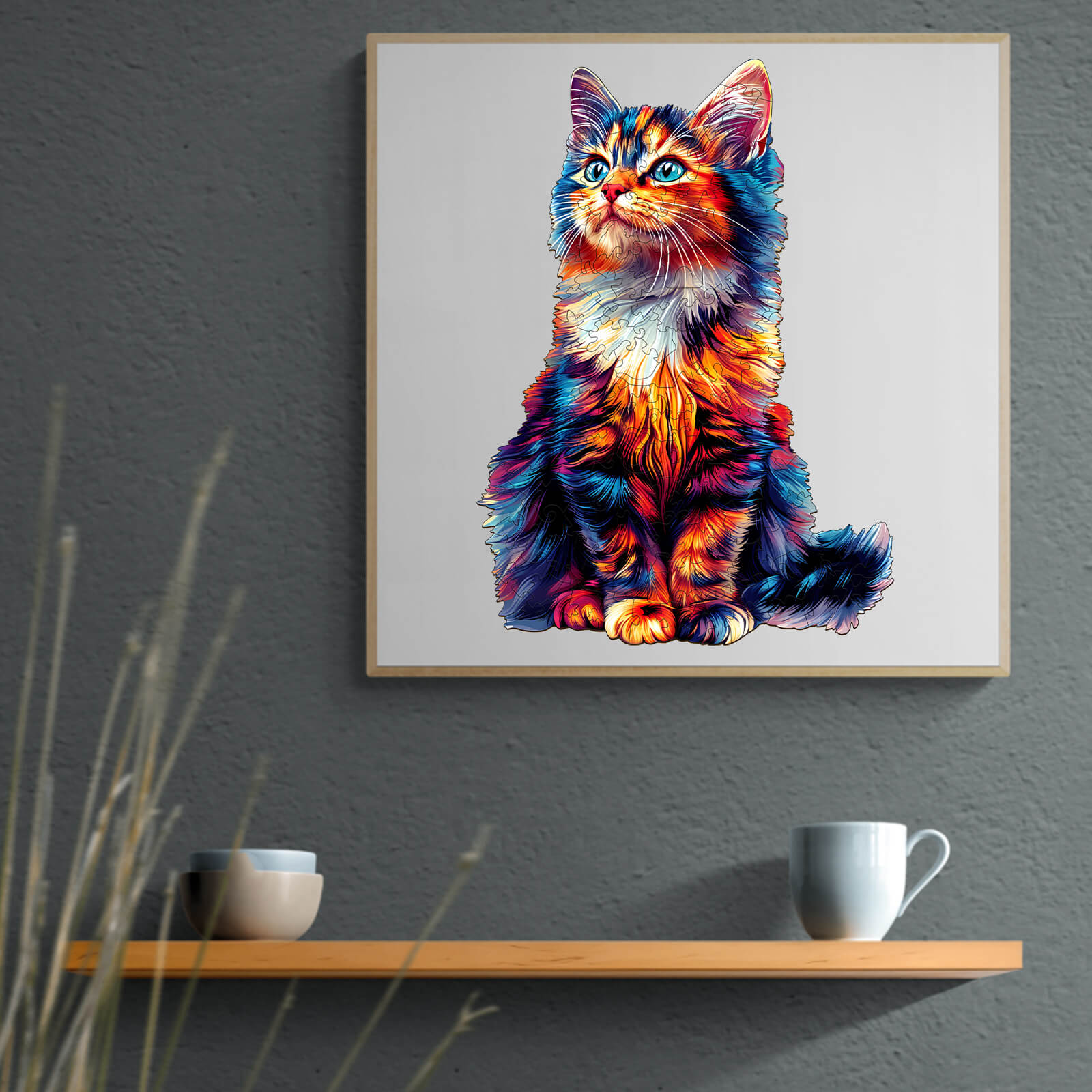 Colorful artwork of a cat in vibrant shades, displayed on a shelf with decorative cups.