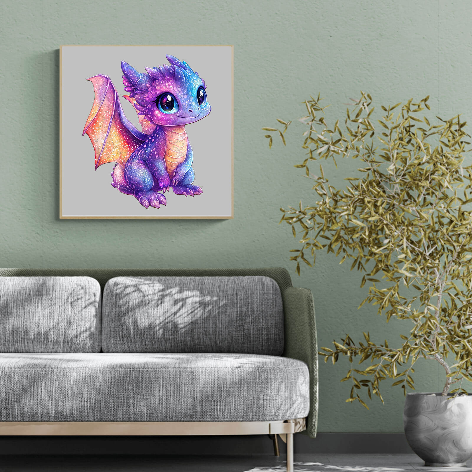 Colorful glittering dragon art piece on a wall above a cozy couch, adding charm and fantasy to interior decor.