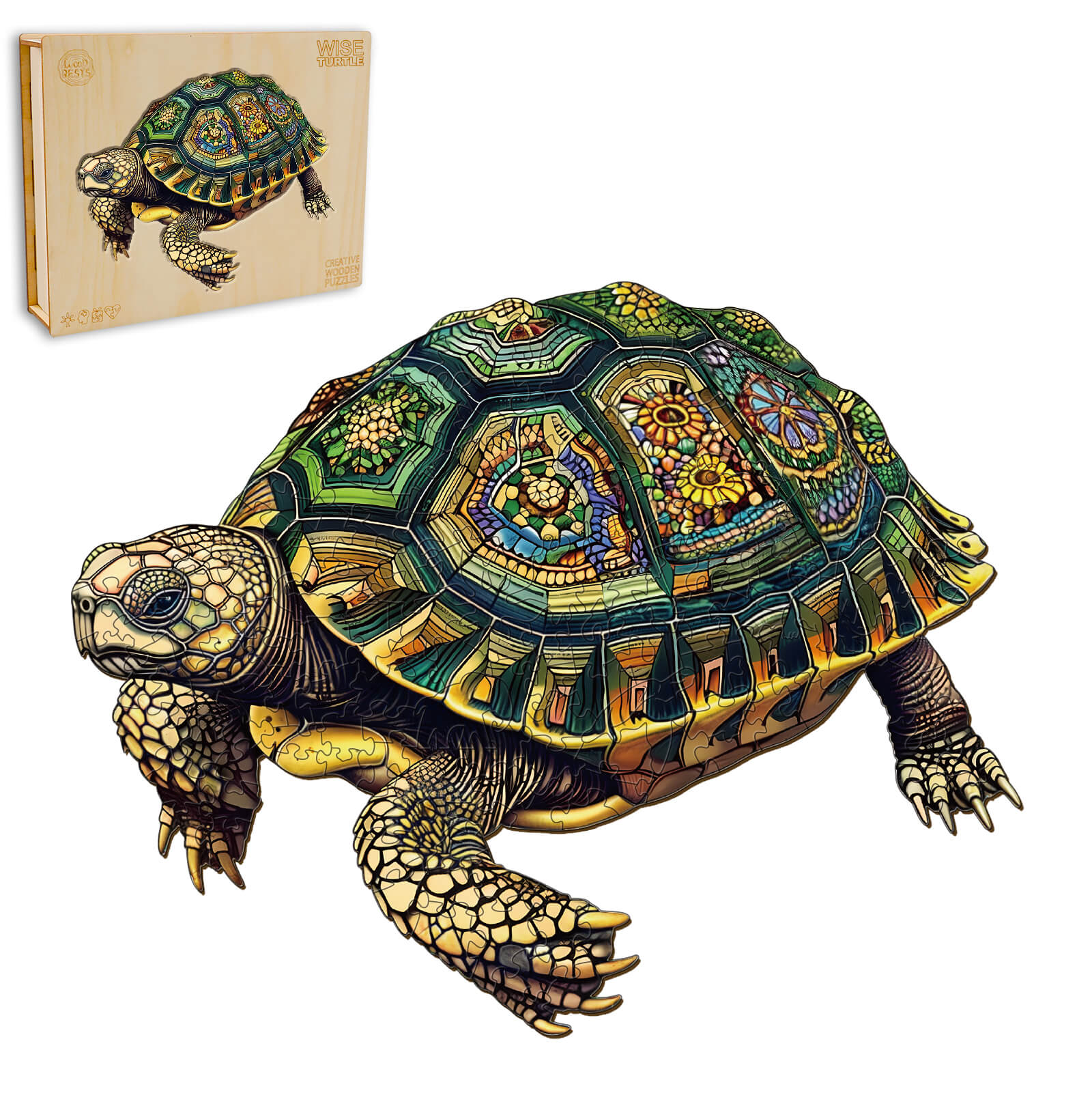 Wise Turtle Wooden Jigsaw Puzzle featuring a colorful turtle design, perfect for enhancing focus and intelligence through puzzle solving.