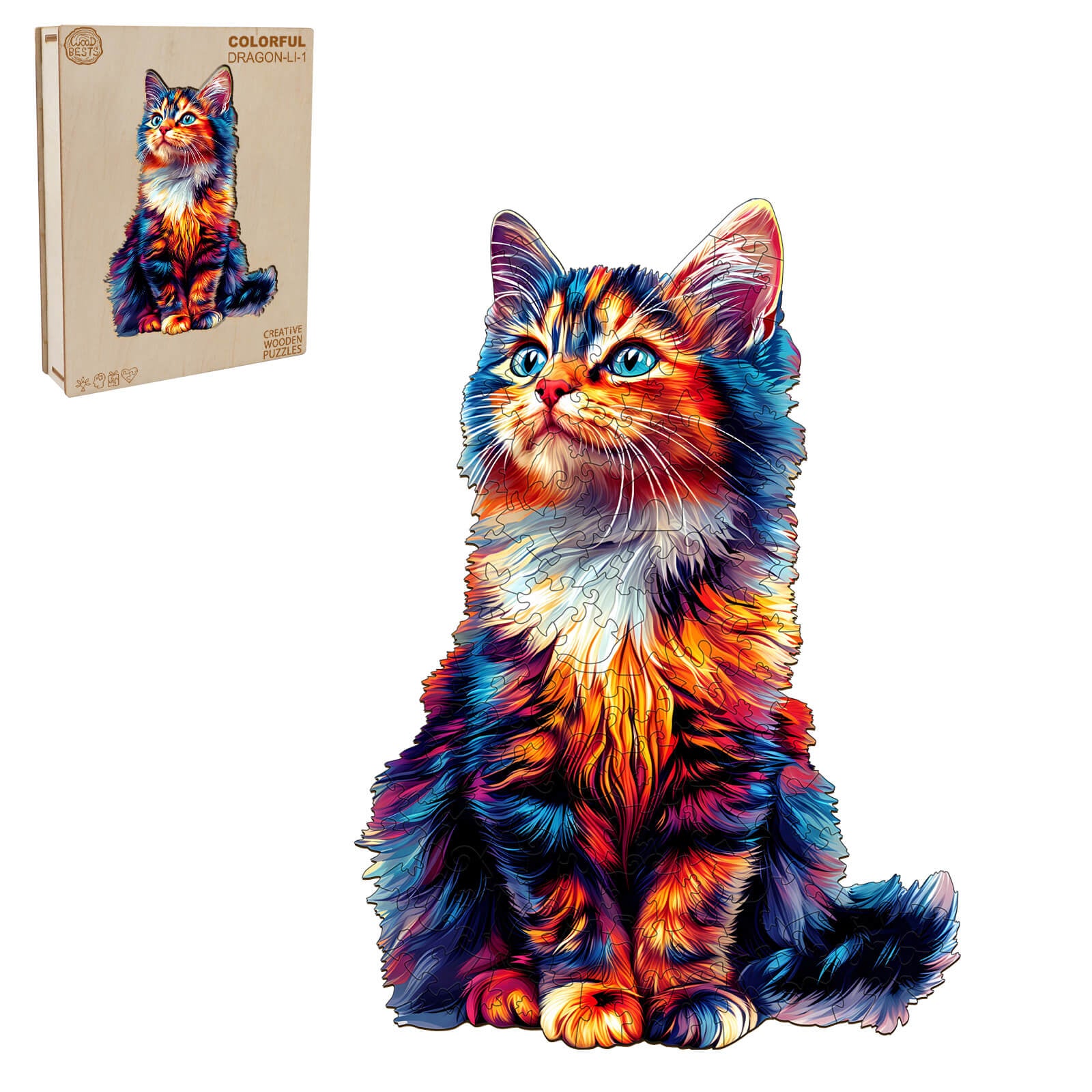 Colorful Dragon-Li-1 wooden jigsaw puzzle featuring a vibrant, stylized cat design in a creative assembly.