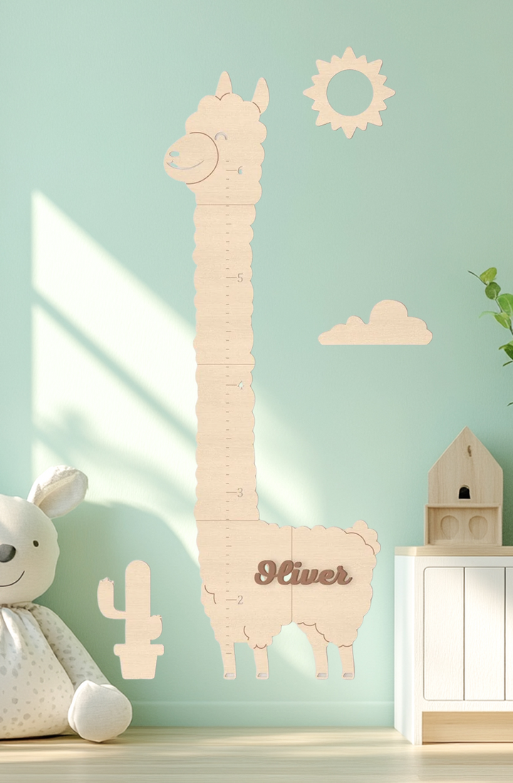 Personalisierte Holz-Alpaka-Wachstumsdiagramm Kinderzimmer Dekoration