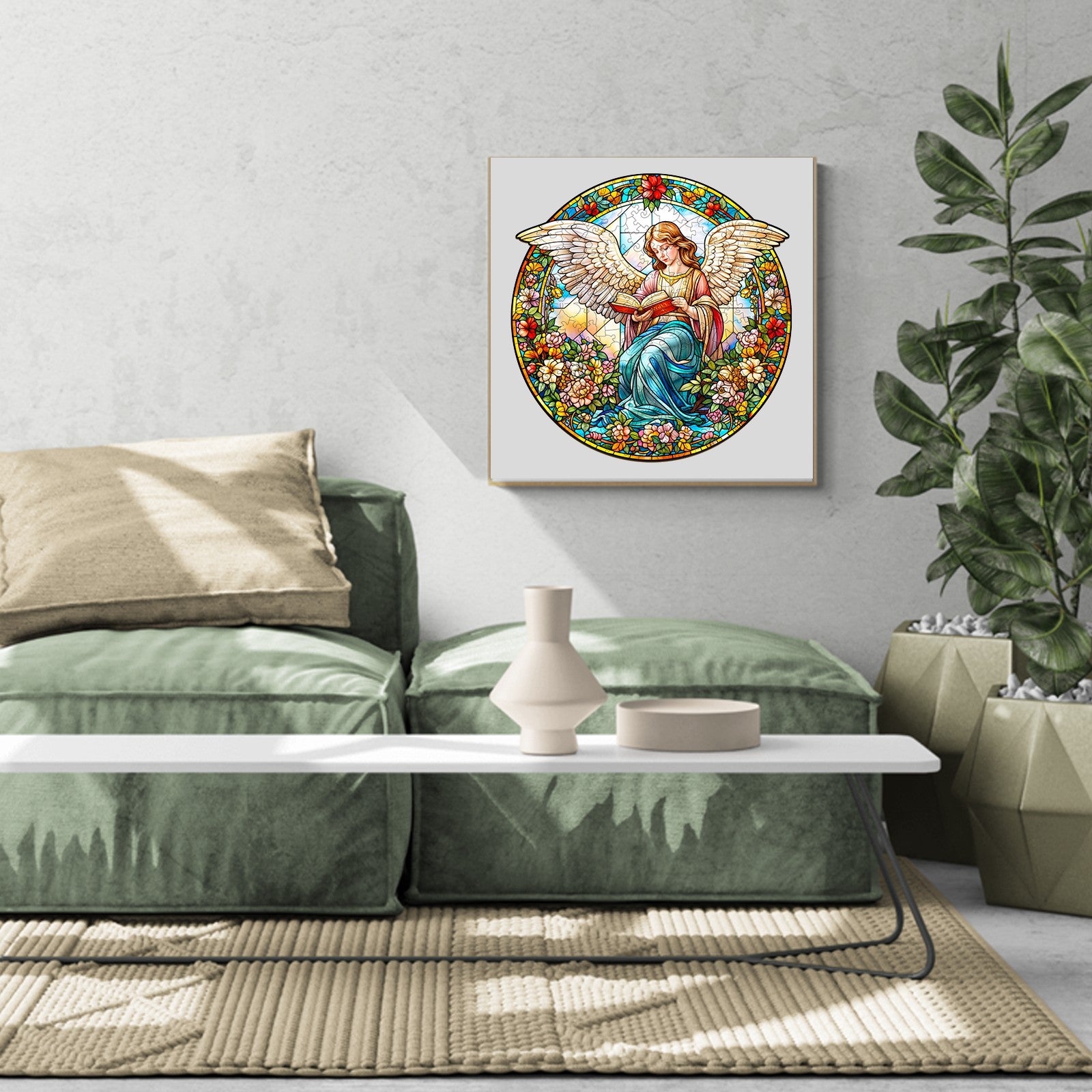 Angelic garden artwork featuring a serene angel surrounded by vibrant flowers, enhancing any living space decor.