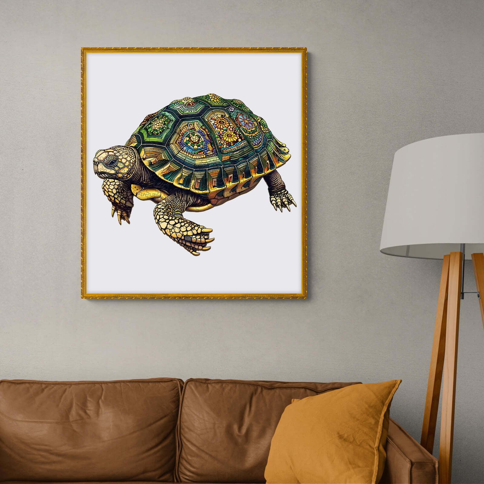 Colorful illustration of a turtle framed on a wall in a modern living room setting.