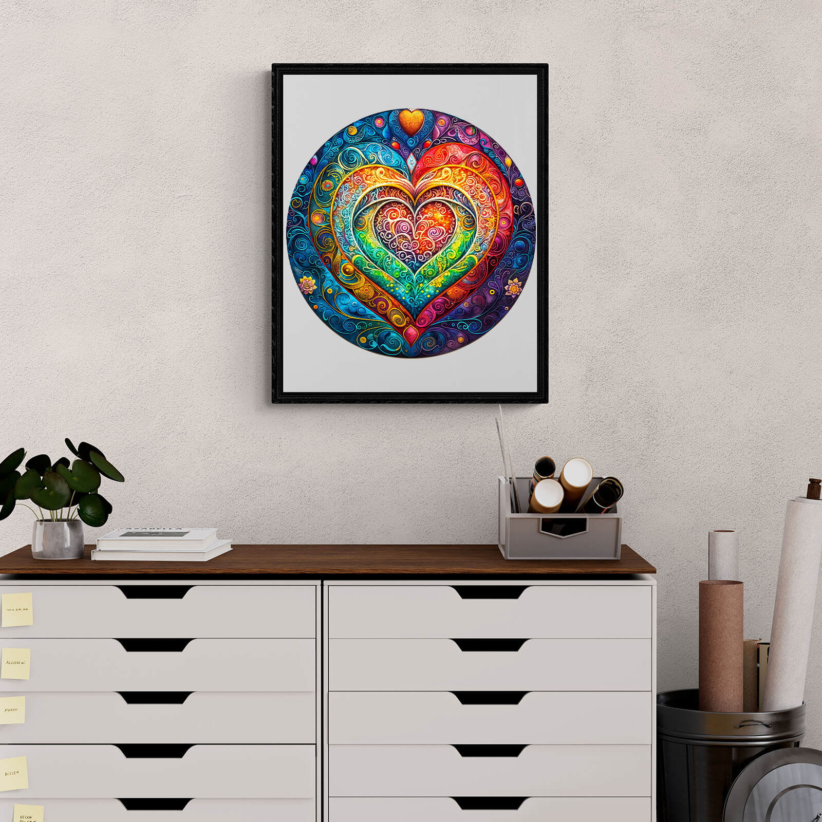 Colorful mandala heart wooden jigsaw puzzle artwork displayed on a shelf, enhancing home decor and mindfulness.