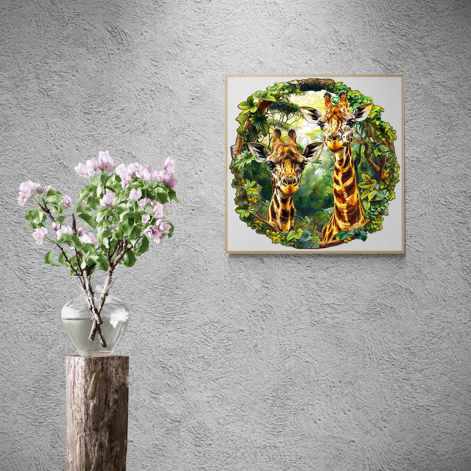 Giraffe-2 Wooden Jigsaw Puzzle featuring vibrant giraffe artwork framed in greenery, perfect for puzzle lovers.