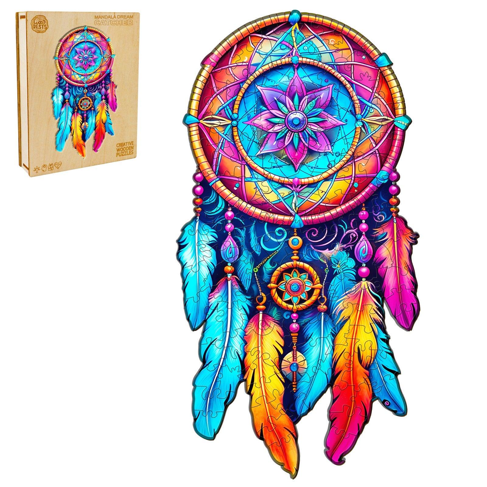 Vibrant Mandala Dream Catcher wooden jigsaw puzzle with colorful feathers and intricate design, perfect for puzzle enthusiasts.