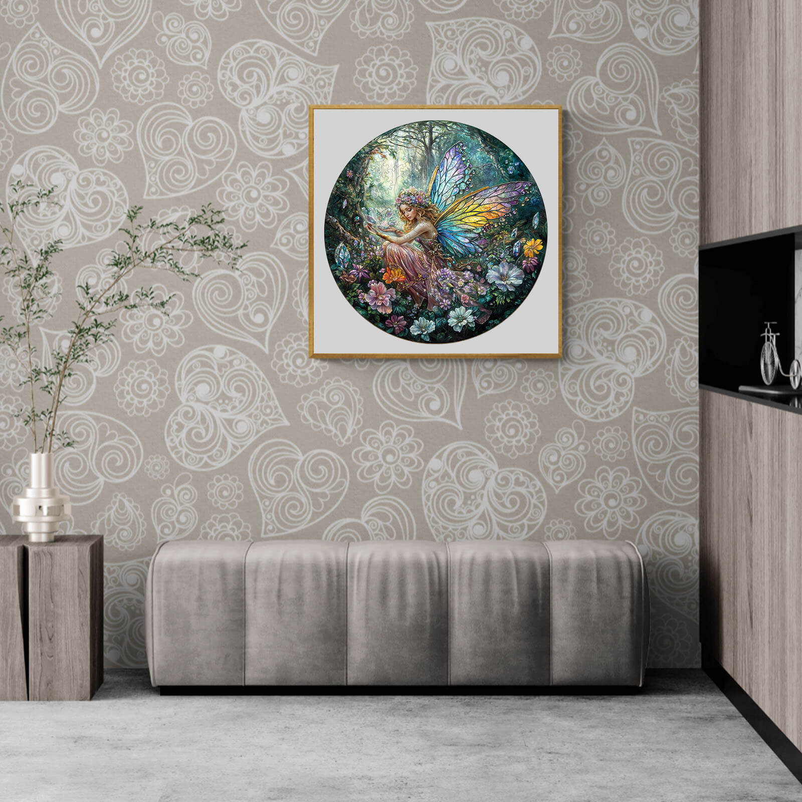 Magic Fairy wooden jigsaw puzzle displayed in a stylish living room, enhancing focus and creativity.