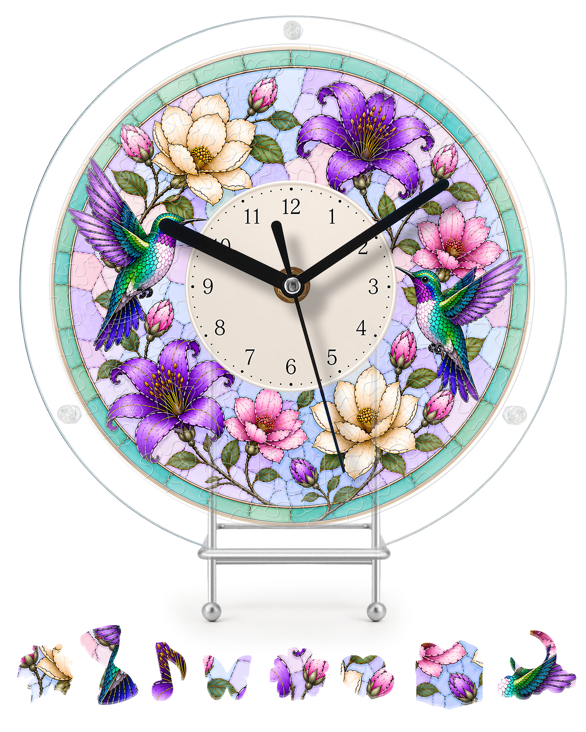 DIY Acrylpuzzle-Uhr Bausatz - Frühling Kolibris Blüte