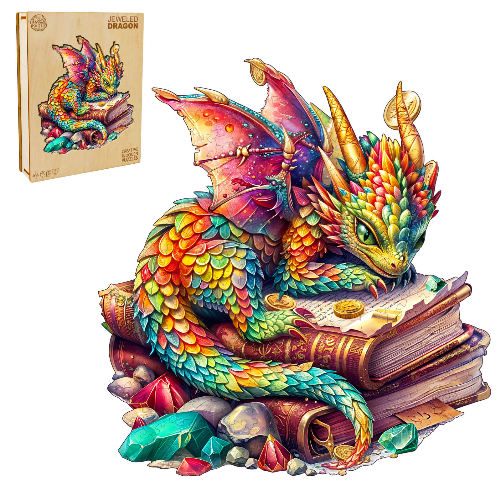 Vibrant Jeweled Dragon wooden jigsaw puzzle featuring a colorful dragon on books surrounded by gems.
