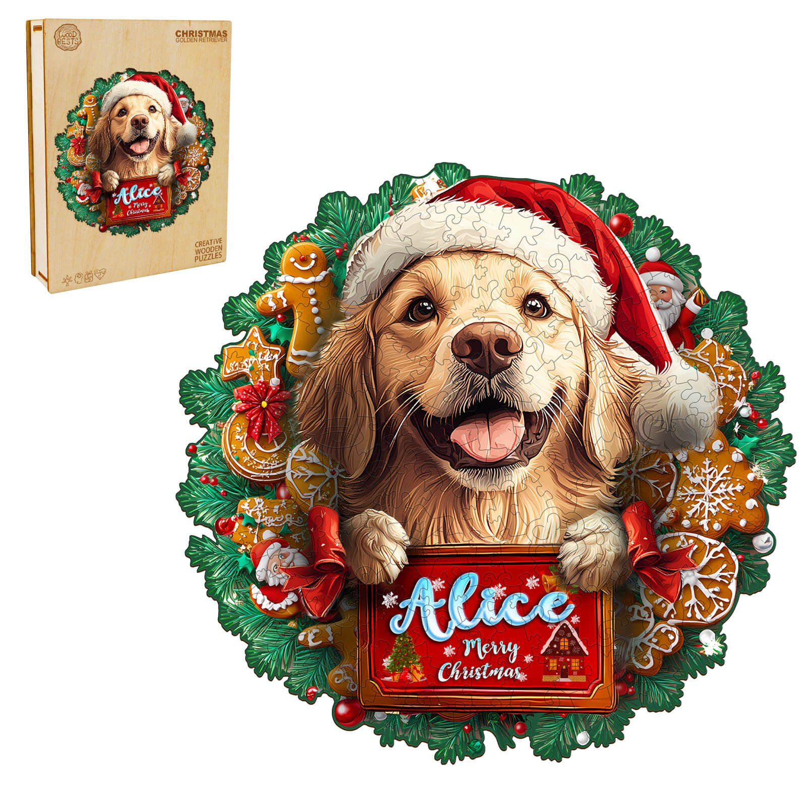 Christmas Golden Retriever Custom Name Wooden Jigsaw Puzzle