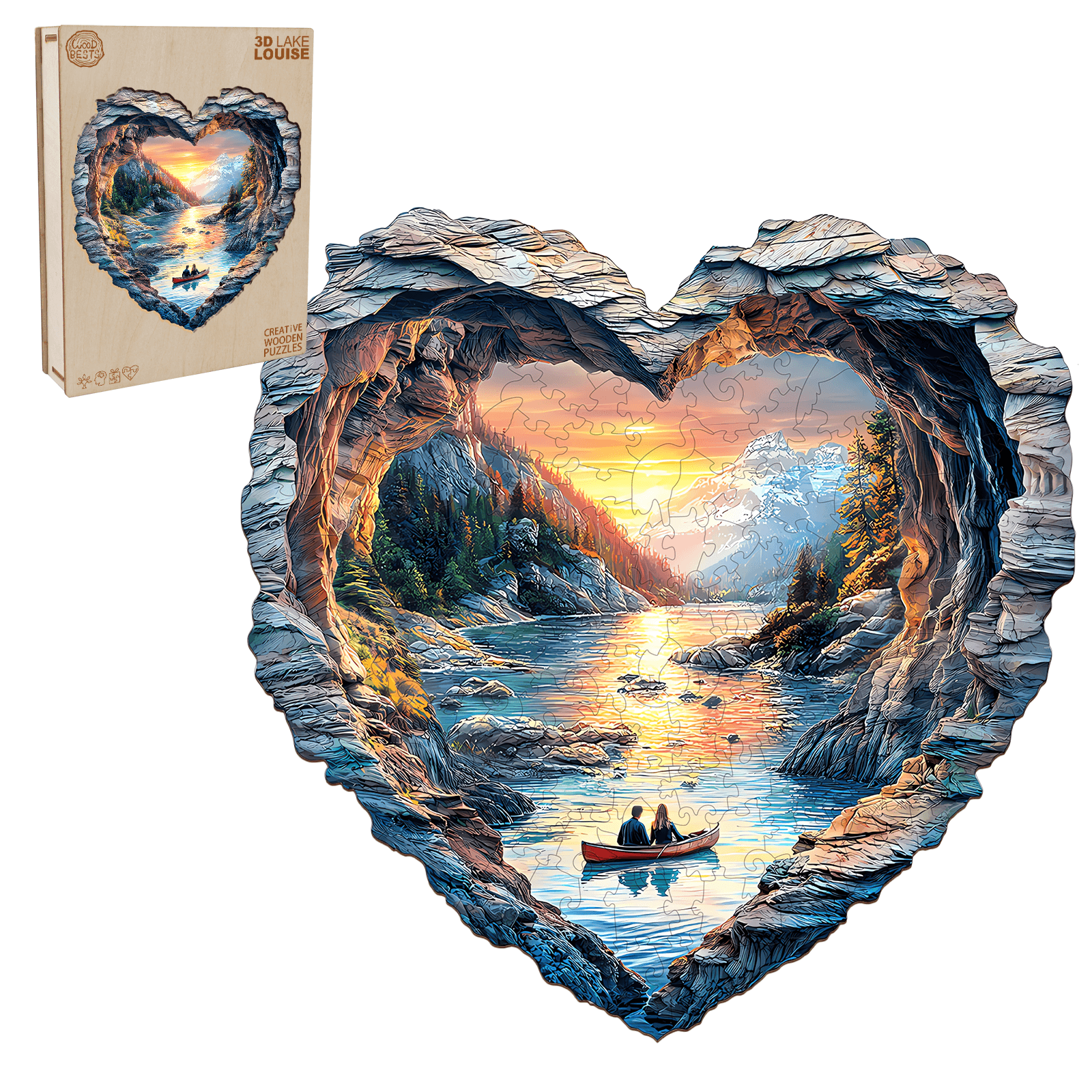 3D Lake Louise wooden jigsaw puzzle in heart shape, showcasing scenic lake view and box packaging, perfect for mind games.