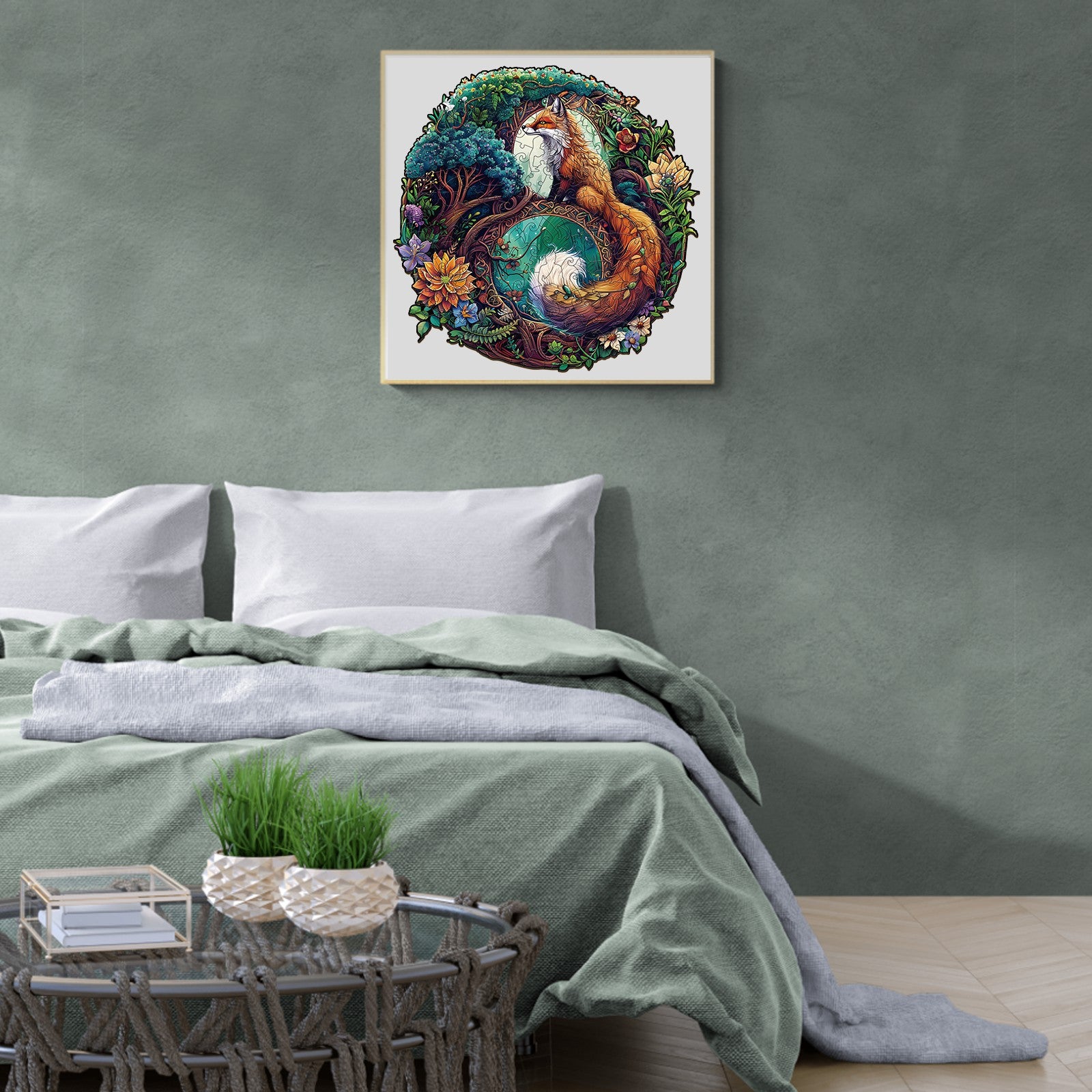 Yin Yang Fox-3 wooden jigsaw puzzle art displayed in a cozy bedroom, enhancing home decor and mindfulness.