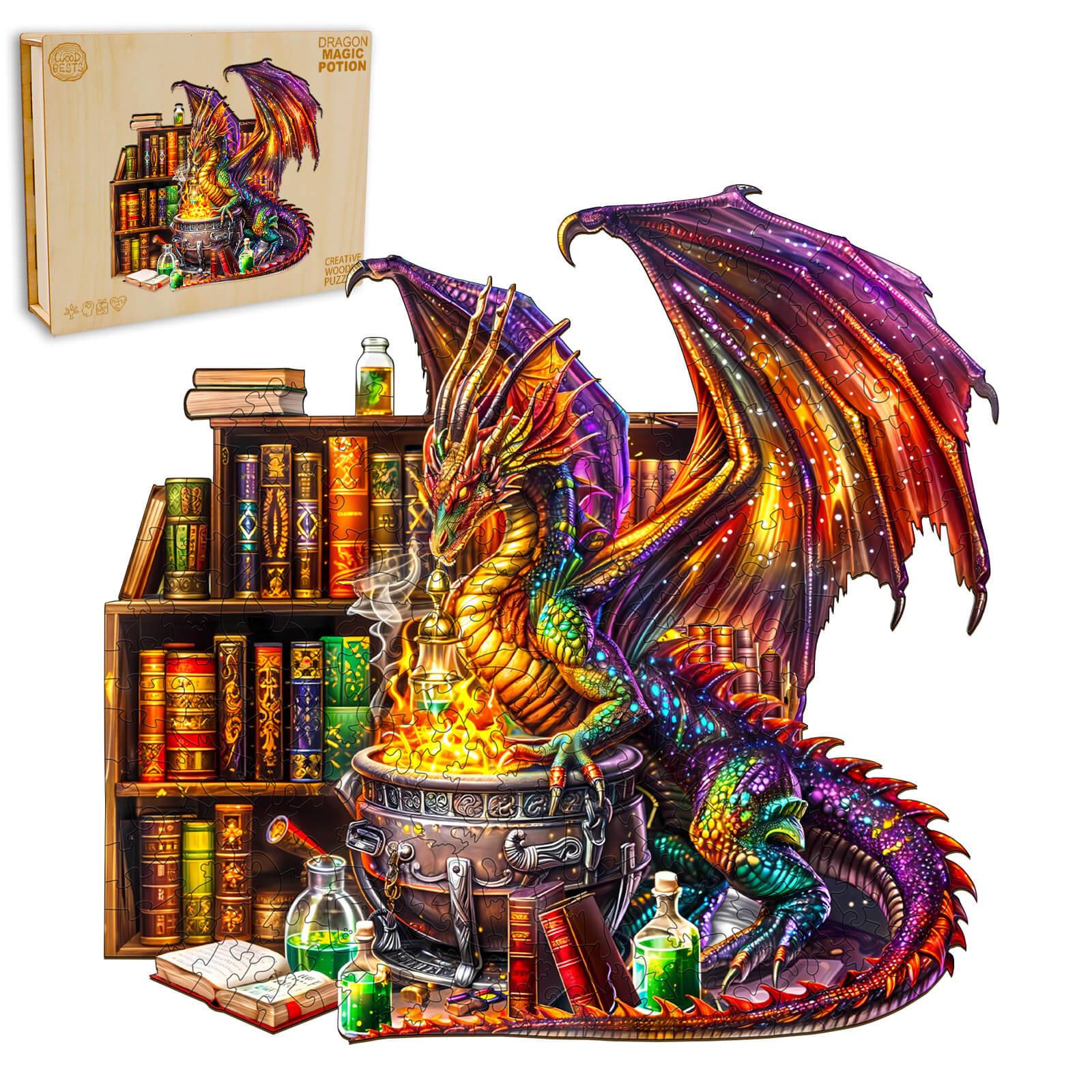Dragon Magic Potion Wooden Jigsaw Puzzle featuring a colorful dragon and magic potion scene with antique books.