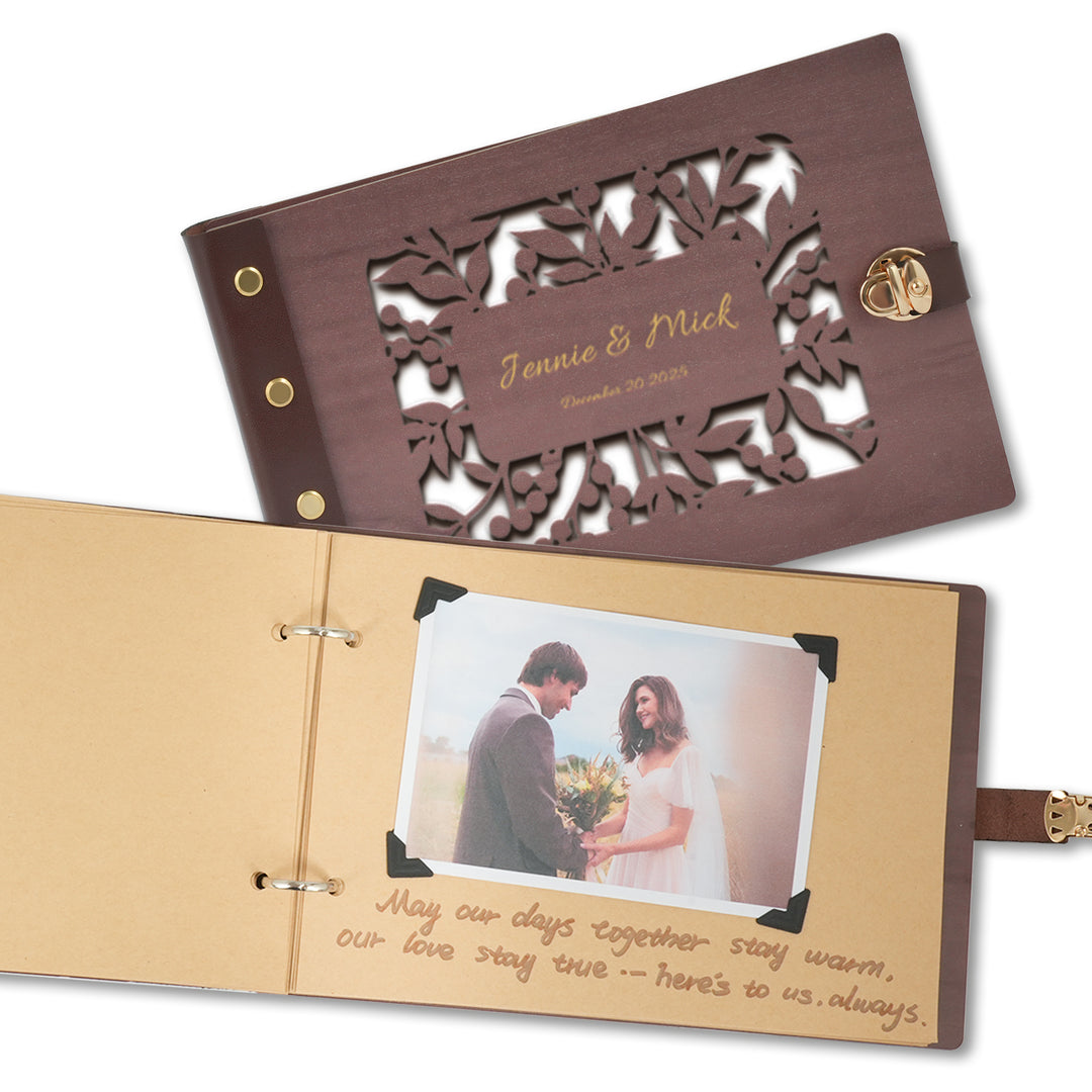 Wooden Photo Album with Carved Flowers and Engraved Names