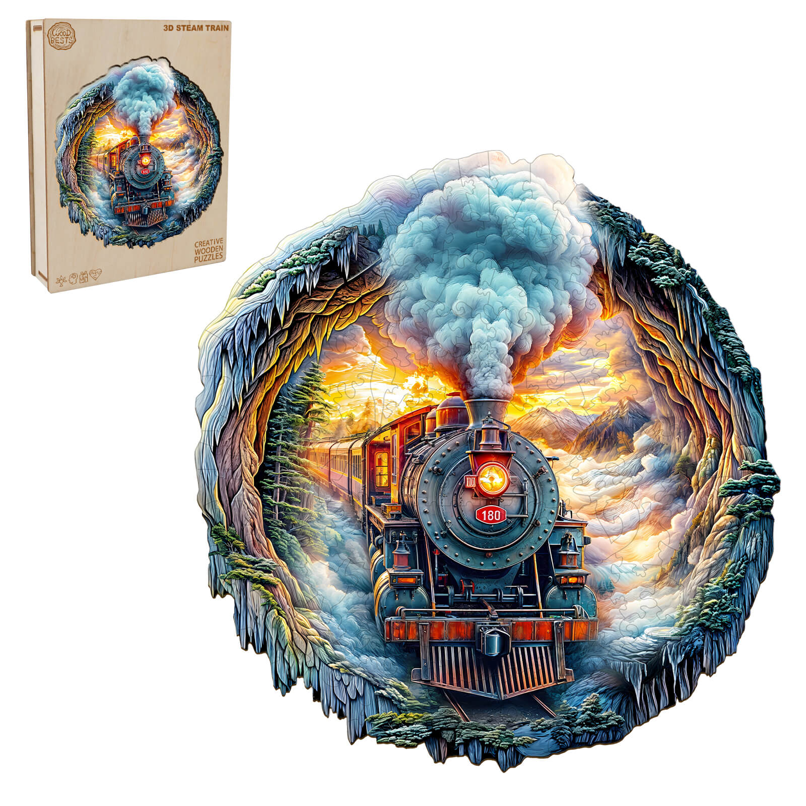 3D Steam Train wooden jigsaw puzzle showcasing a vibrant train scene surrounded by a nature backdrop, designed for mind exercises.