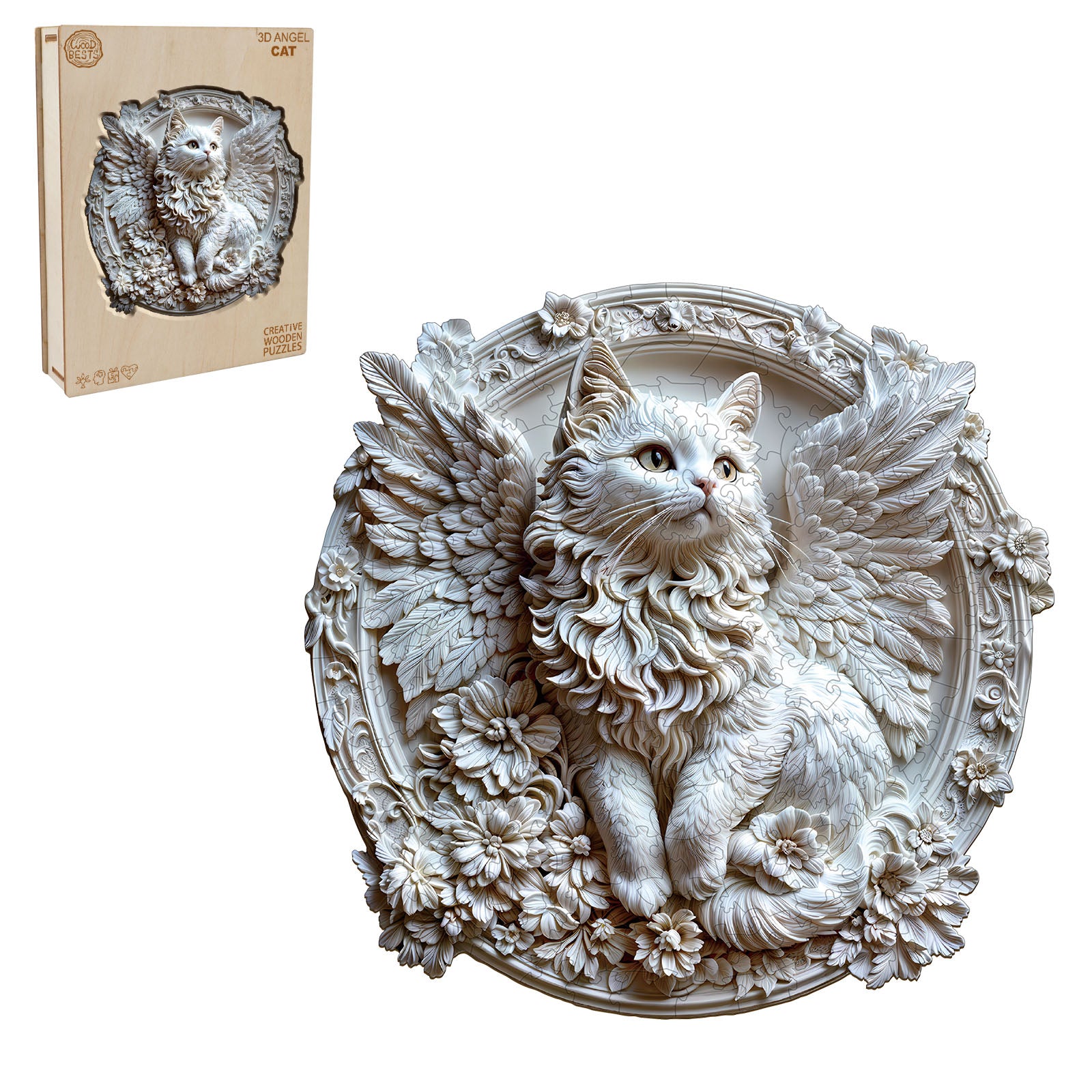 3D angel cat wooden jigsaw puzzle featuring a cat with wings and intricate floral designs, ideal for improving focus and cognitive skills.