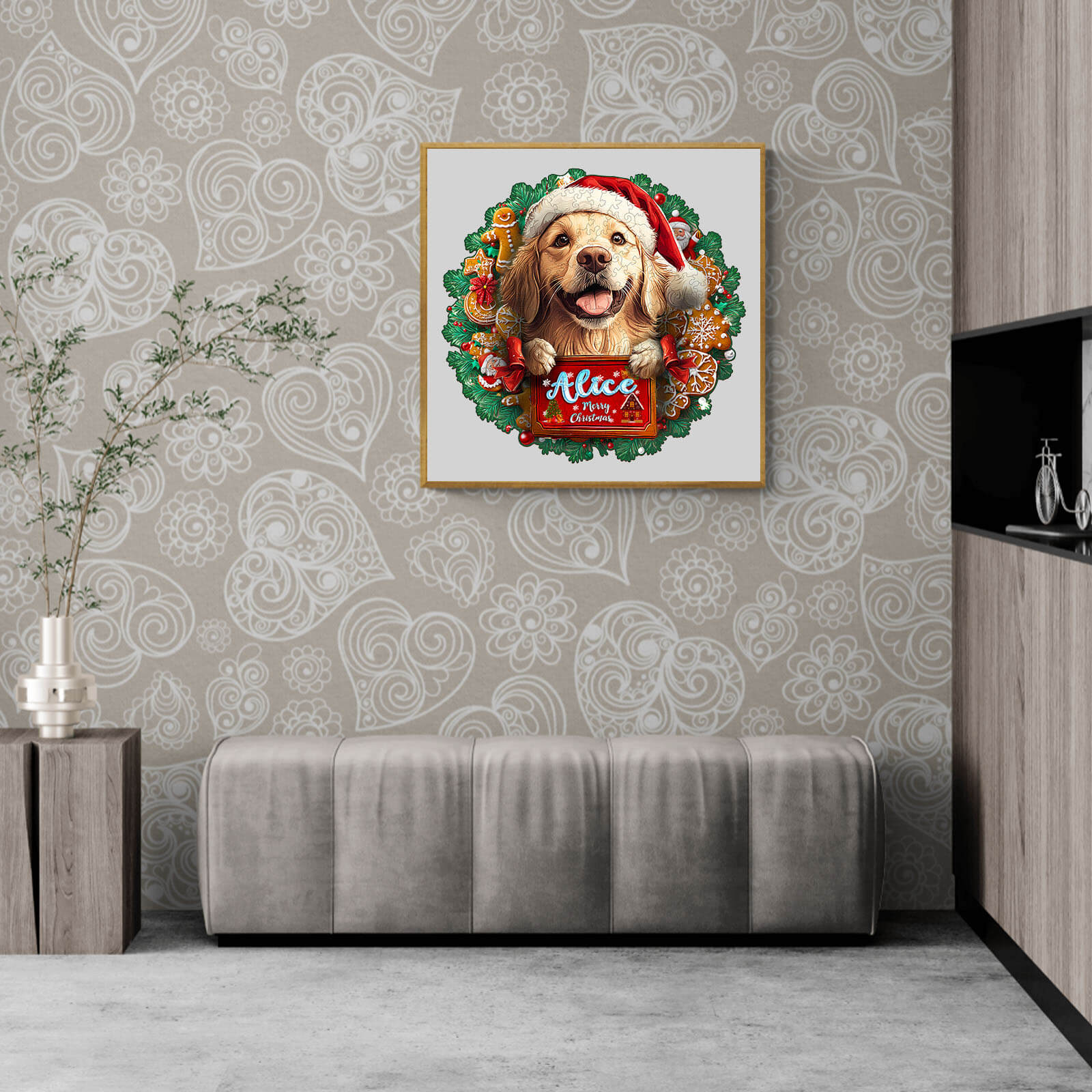 Christmas Golden Retriever Custom Name Wooden Jigsaw Puzzle