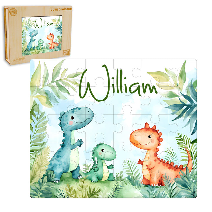 Dinosaur Family - Children's Name Custom Wooden Jigsaw Puzzle