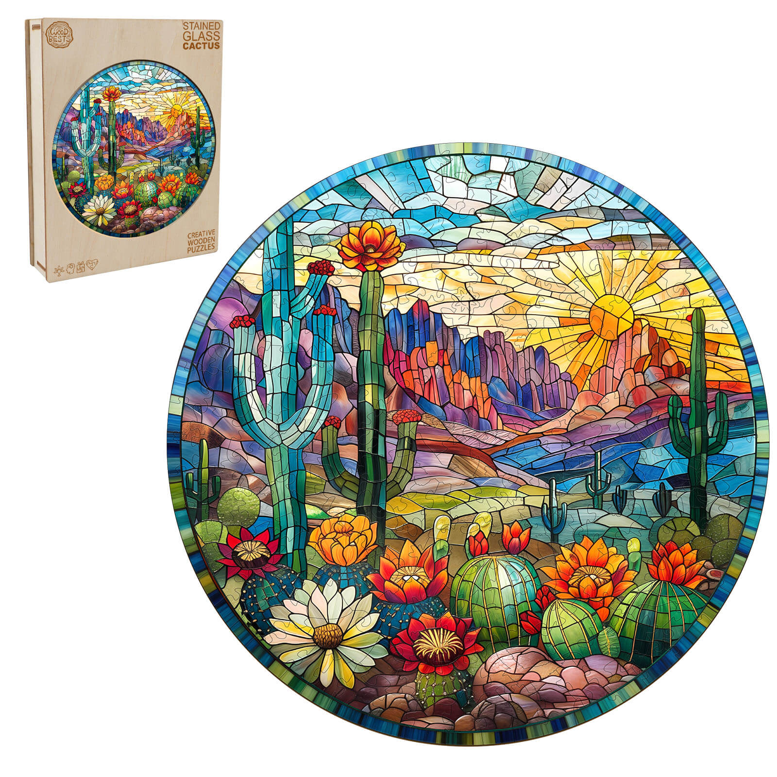 Stained Glass Cactus Wooden Jigsaw Puzzle showcasing a colorful desert scene with cacti and flowers, perfect for mind games.