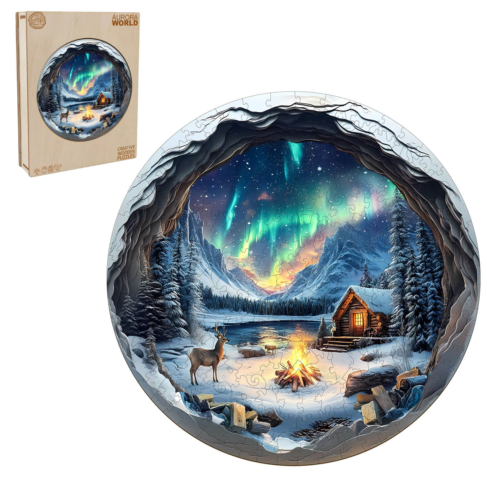 3D Aurora World Wooden Jigsaw Puzzle featuring the Northern Lights in a serene landscape with a cabin and deer.