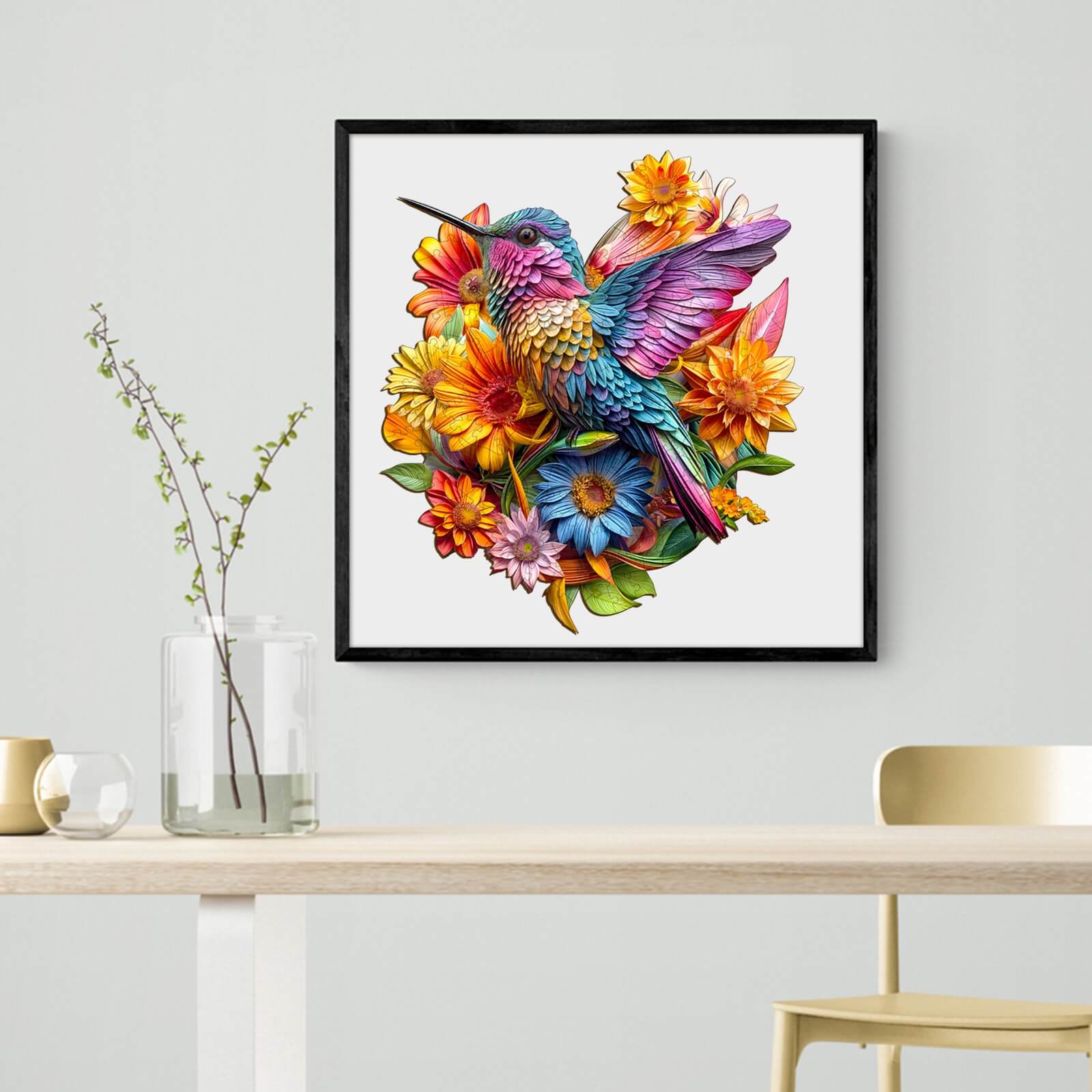 Colorful hummingbird and flowers jigsaw puzzle displayed in a modern setting, enhancing focus and creativity.