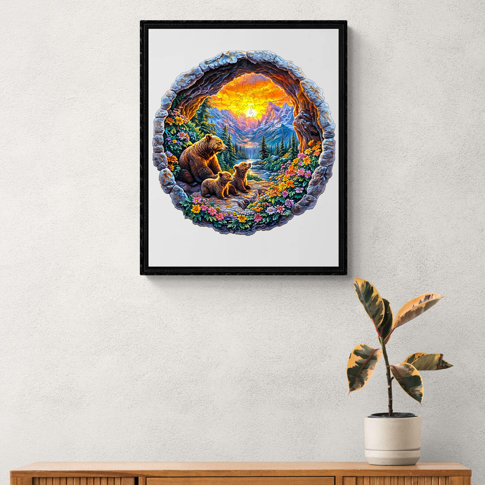 Illustration of a bear and cub admiring nature, framed in a cozy home setting, symbolizing a 3D Bear's Journey.