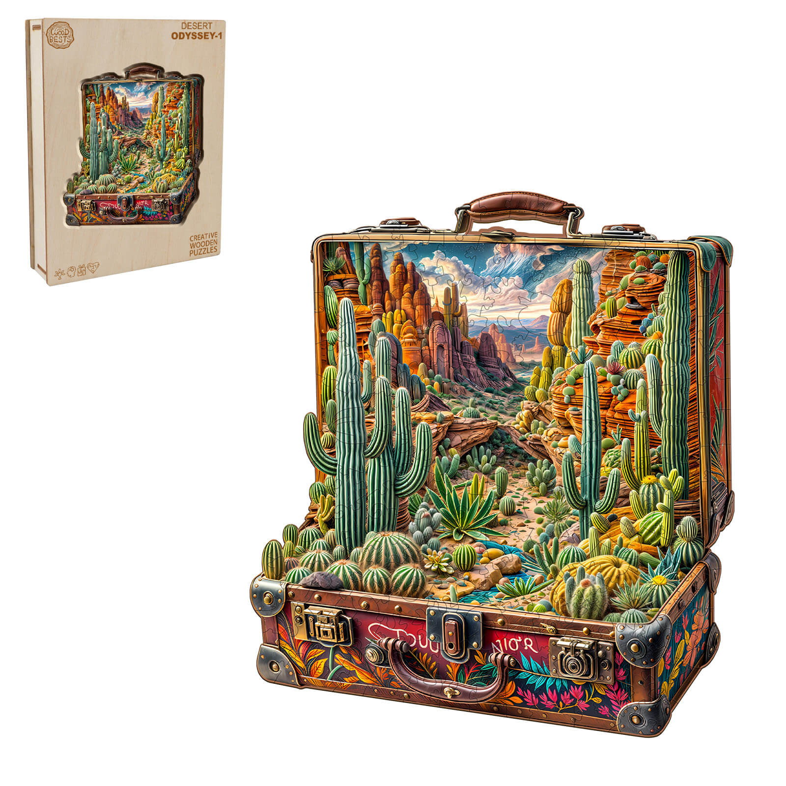 Desert Odyssey-1 Wooden Jigsaw Puzzle with vibrant desert landscape, cacti, and scenic sunset in suitcase design.