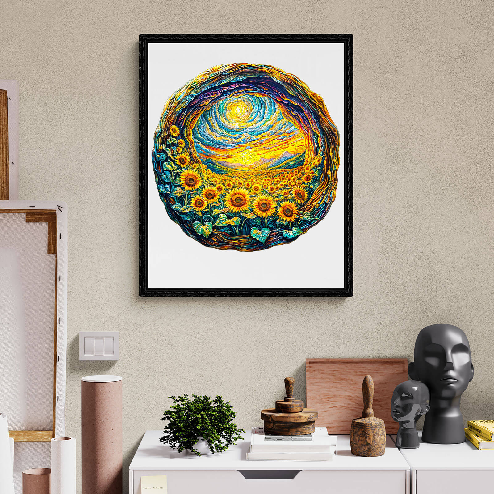 Vibrant 3D artwork of sunlit fields with sunflowers, framed on a stylish wall, showcasing colorful nature scene.