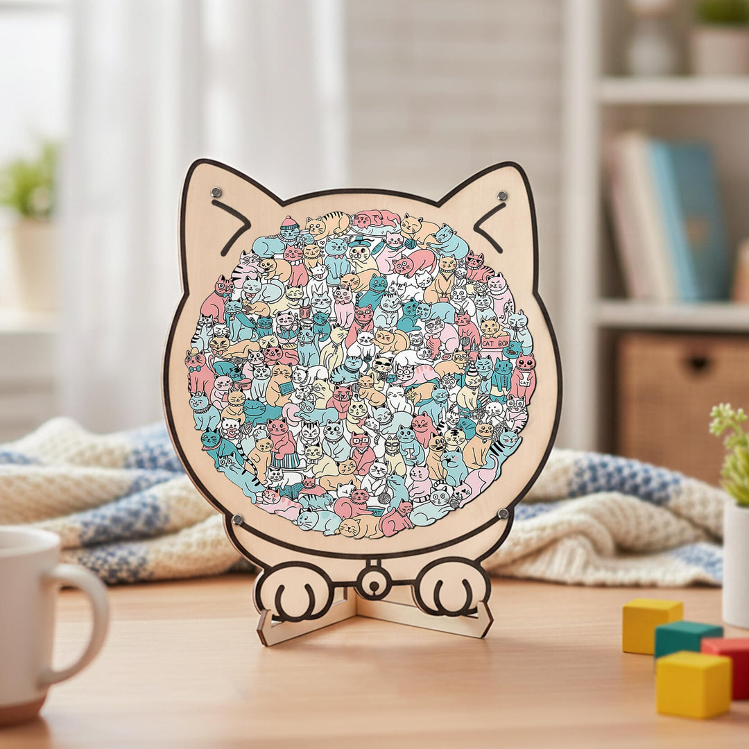 Morandi-Colored Cute Cat Shaped Wooden Jigsaw Puzzle