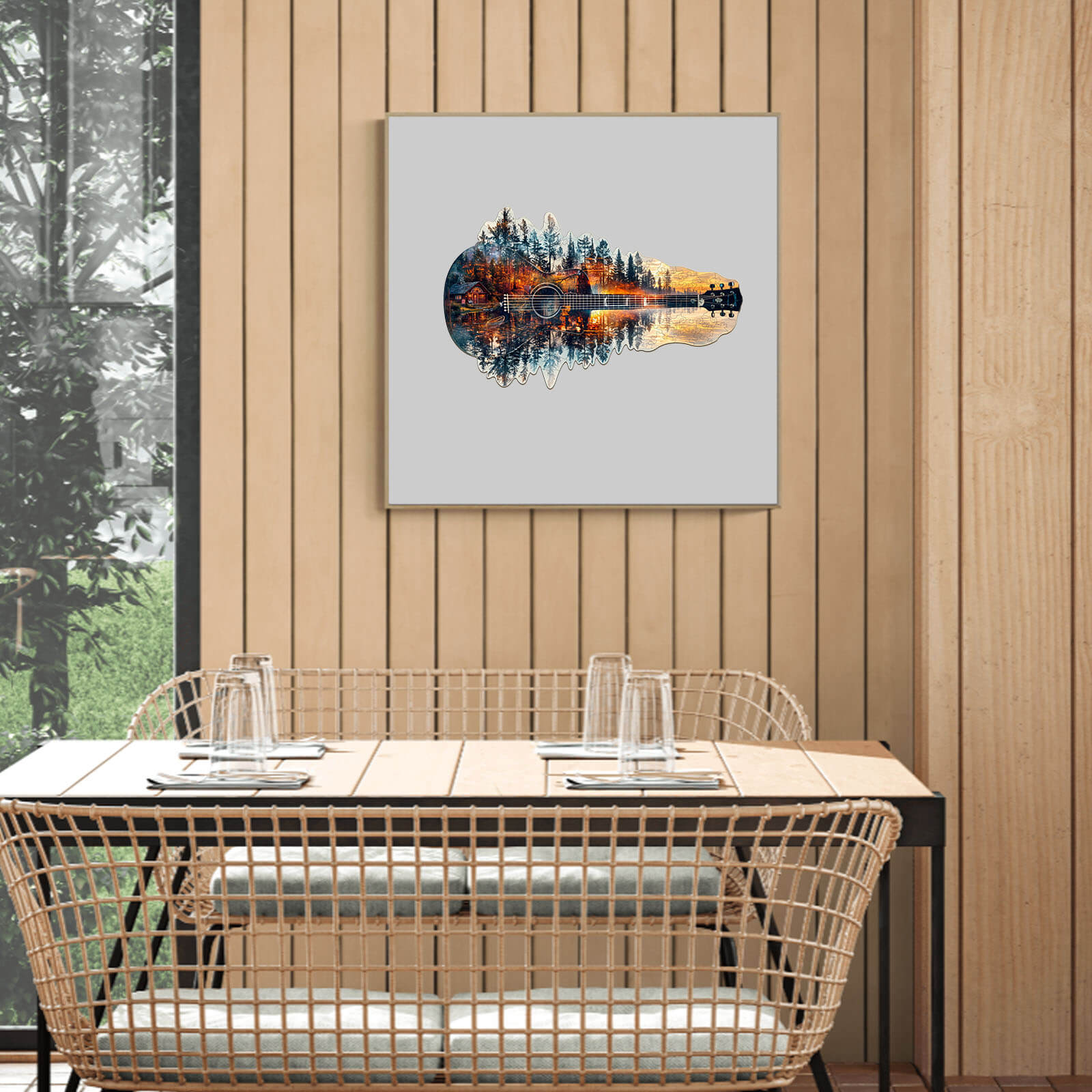 Sunset guitar wooden jigsaw puzzle art displayed in a modern dining space with natural light.