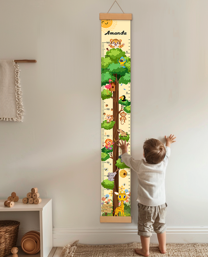 Personalized Painted Trees and Animals Hanging Canvas Height Ruler