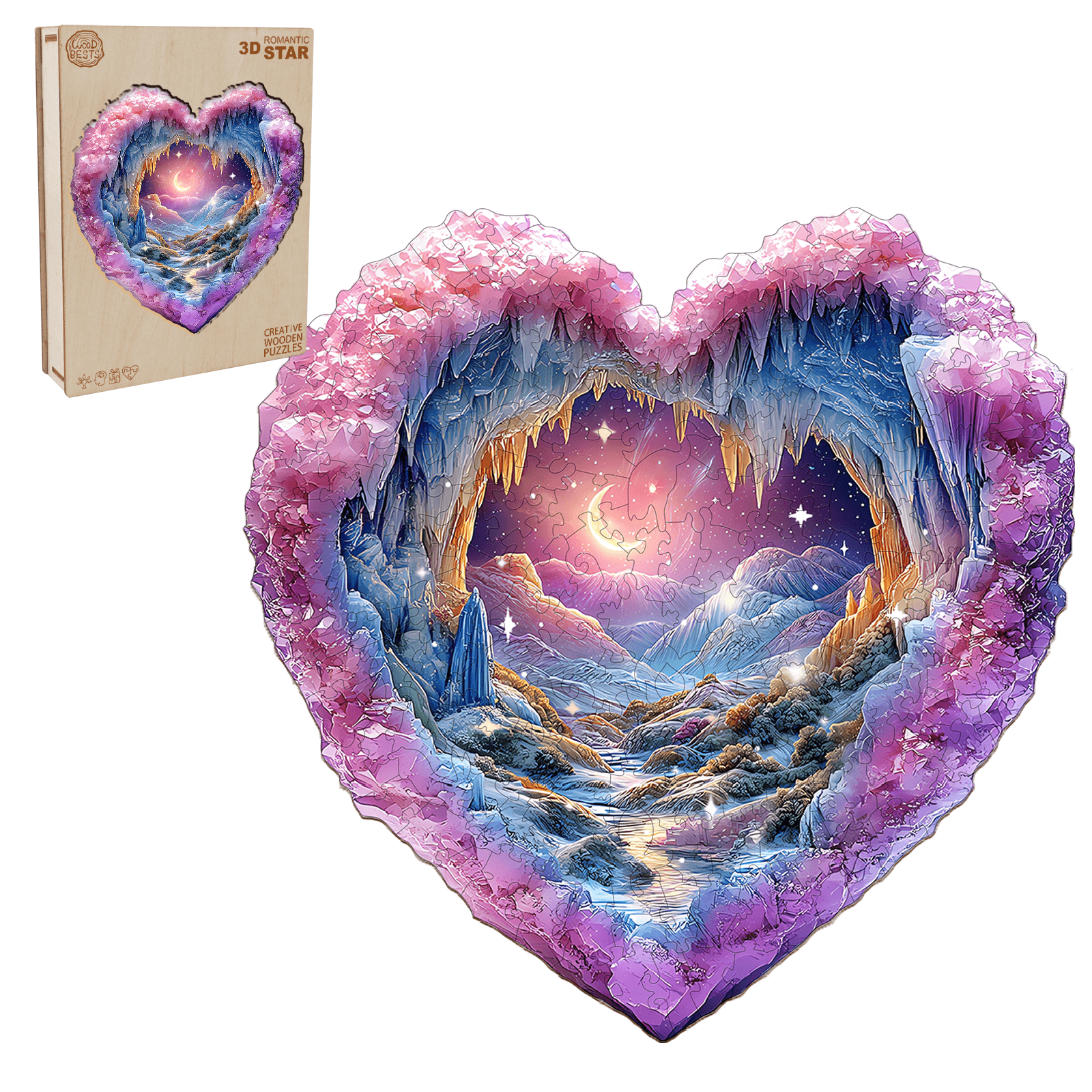 3D Romantic Star wooden jigsaw puzzle in heart shape, featuring a colorful landscape and vibrant colors.