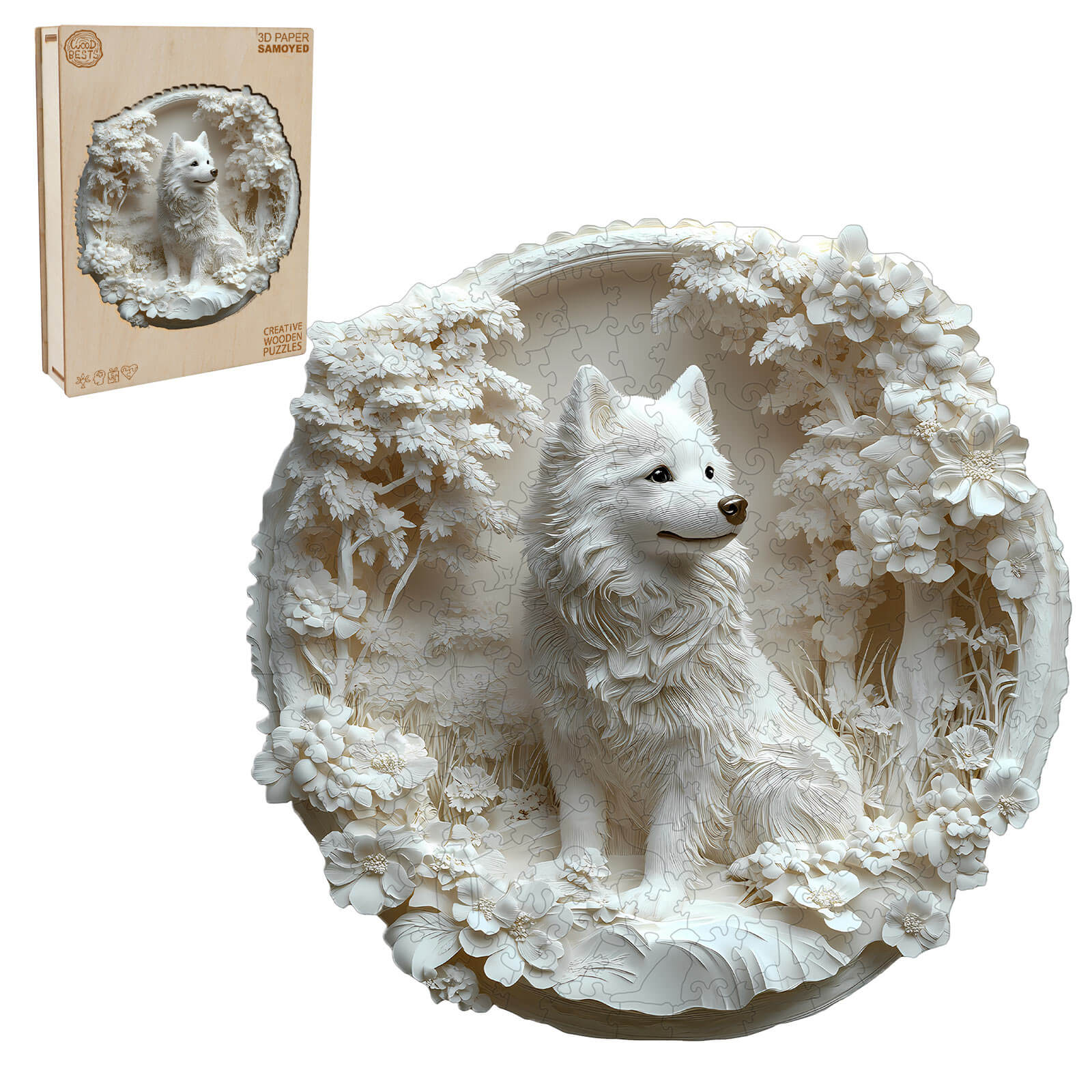 3D Paper Samoyed Wooden Jigsaw Puzzle featuring a beautifully designed white dog in a floral setting.