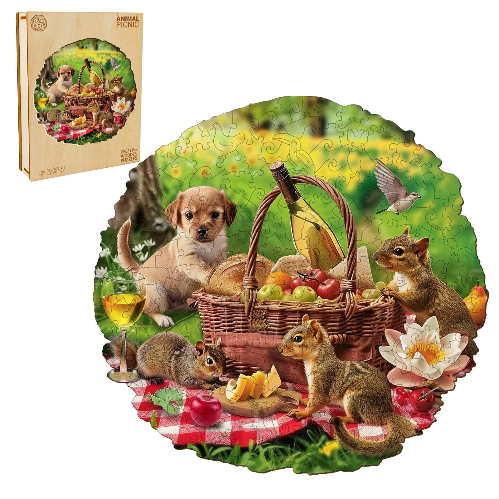 Animal Picnic wooden jigsaw puzzle featuring playful animals enjoying a picnic in a vibrant outdoor scene.