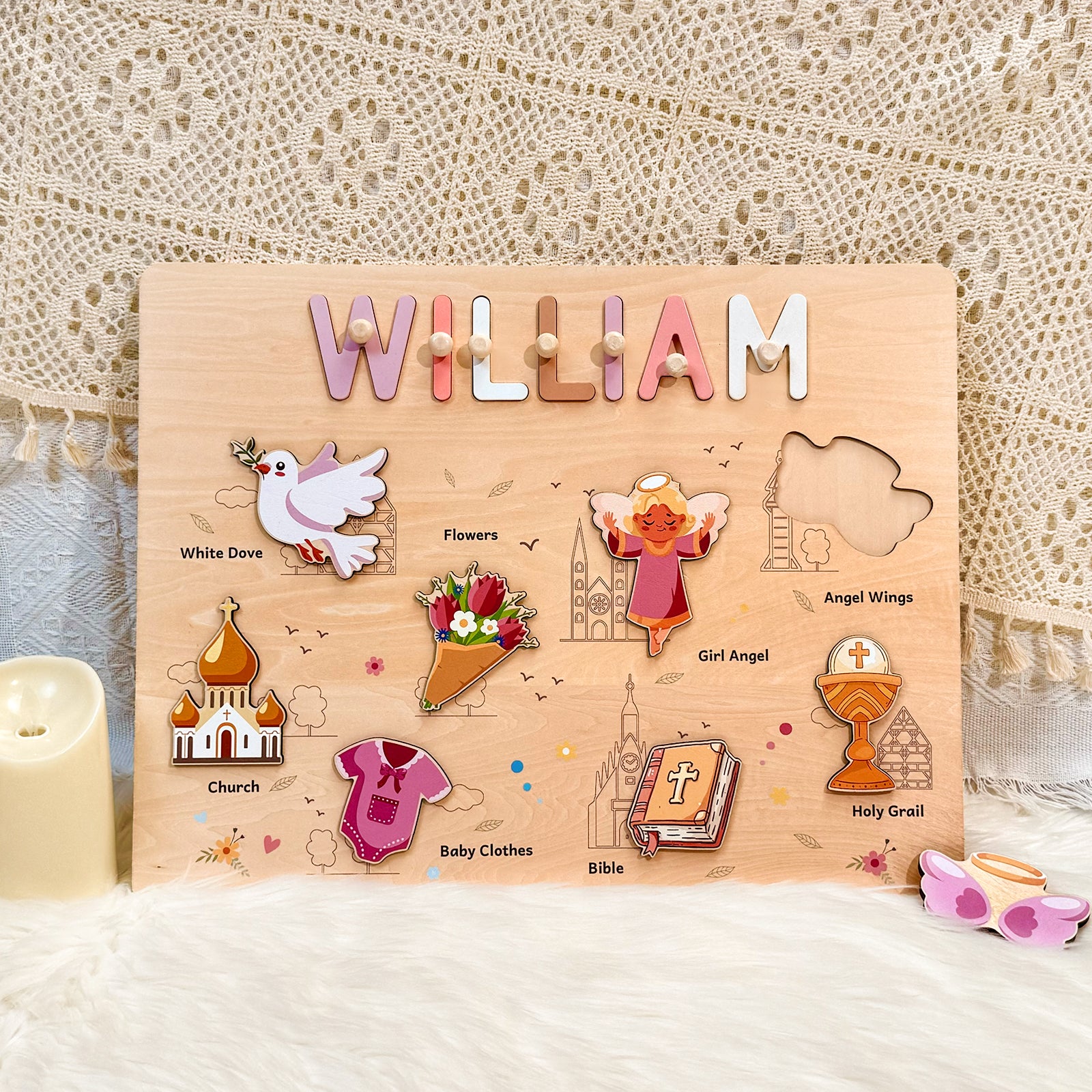 Personalized Wooden Name Puzzle - Baptism Girl Set for Toddlers