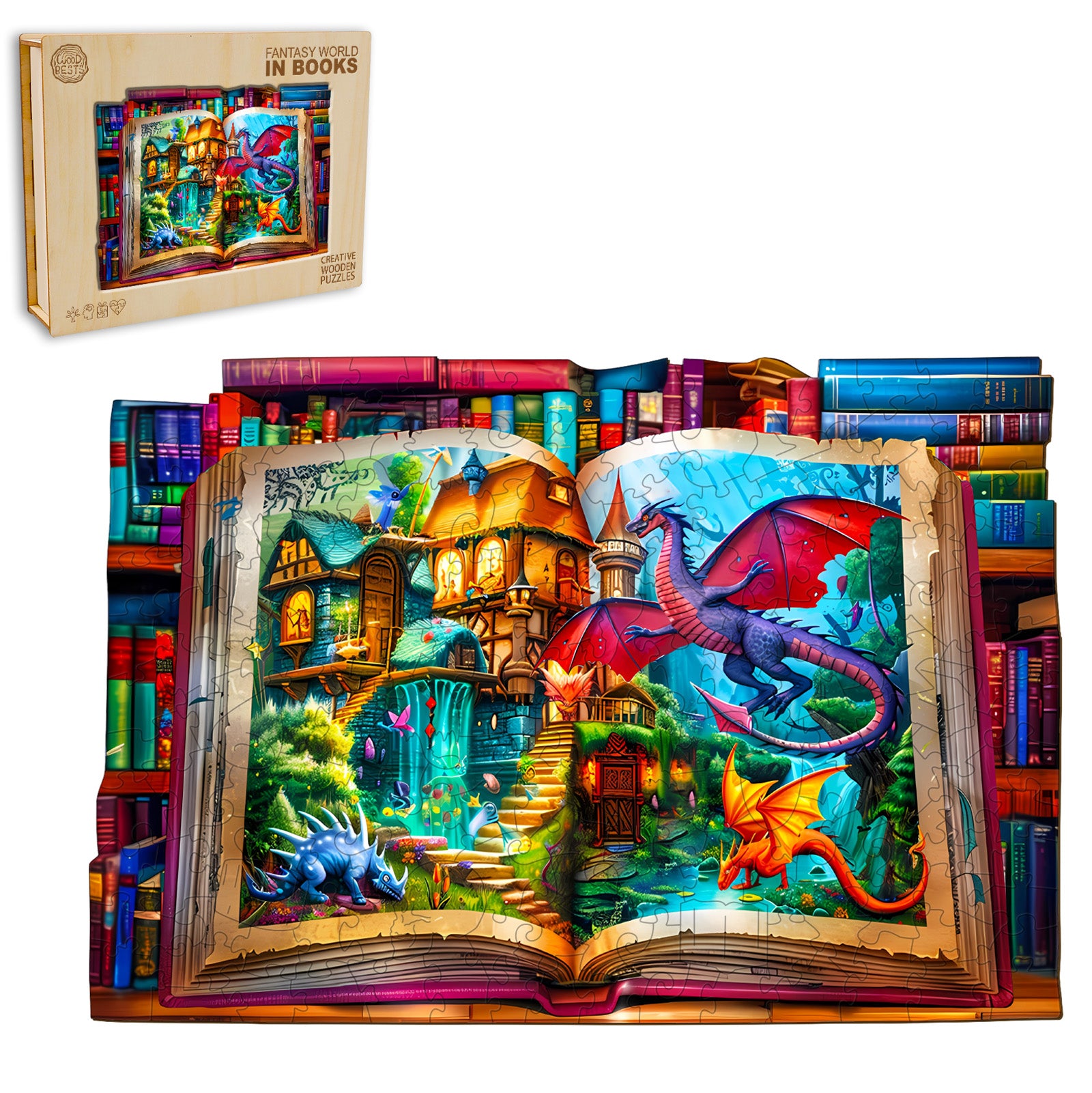 Fantasy World in Books wooden jigsaw puzzle featuring a colorful illustrated open book with dragons and magical creatures.