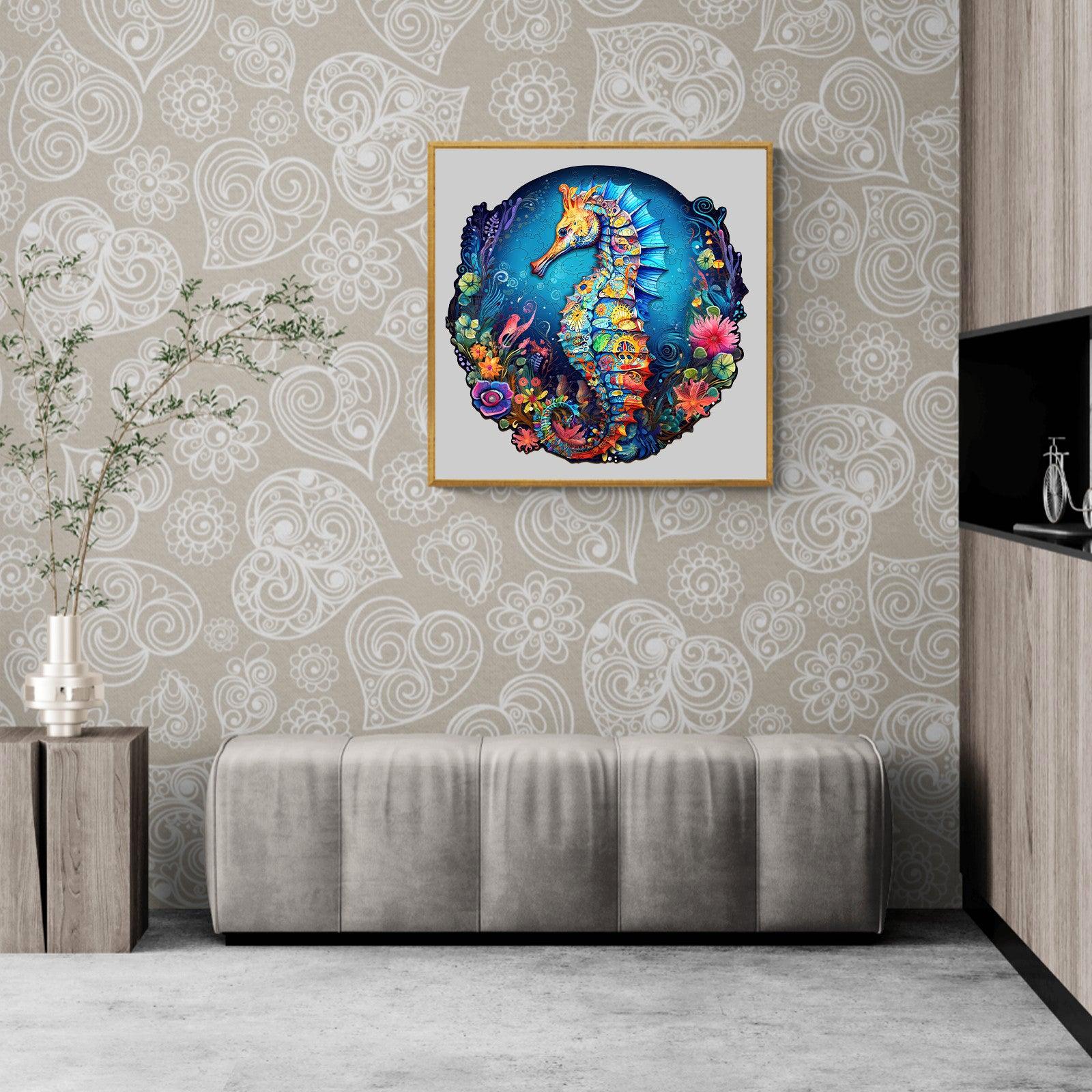 Vivid Seahorse-2 wooden jigsaw puzzle displayed in a stylish living room, showcasing marine life beauty and creativity.